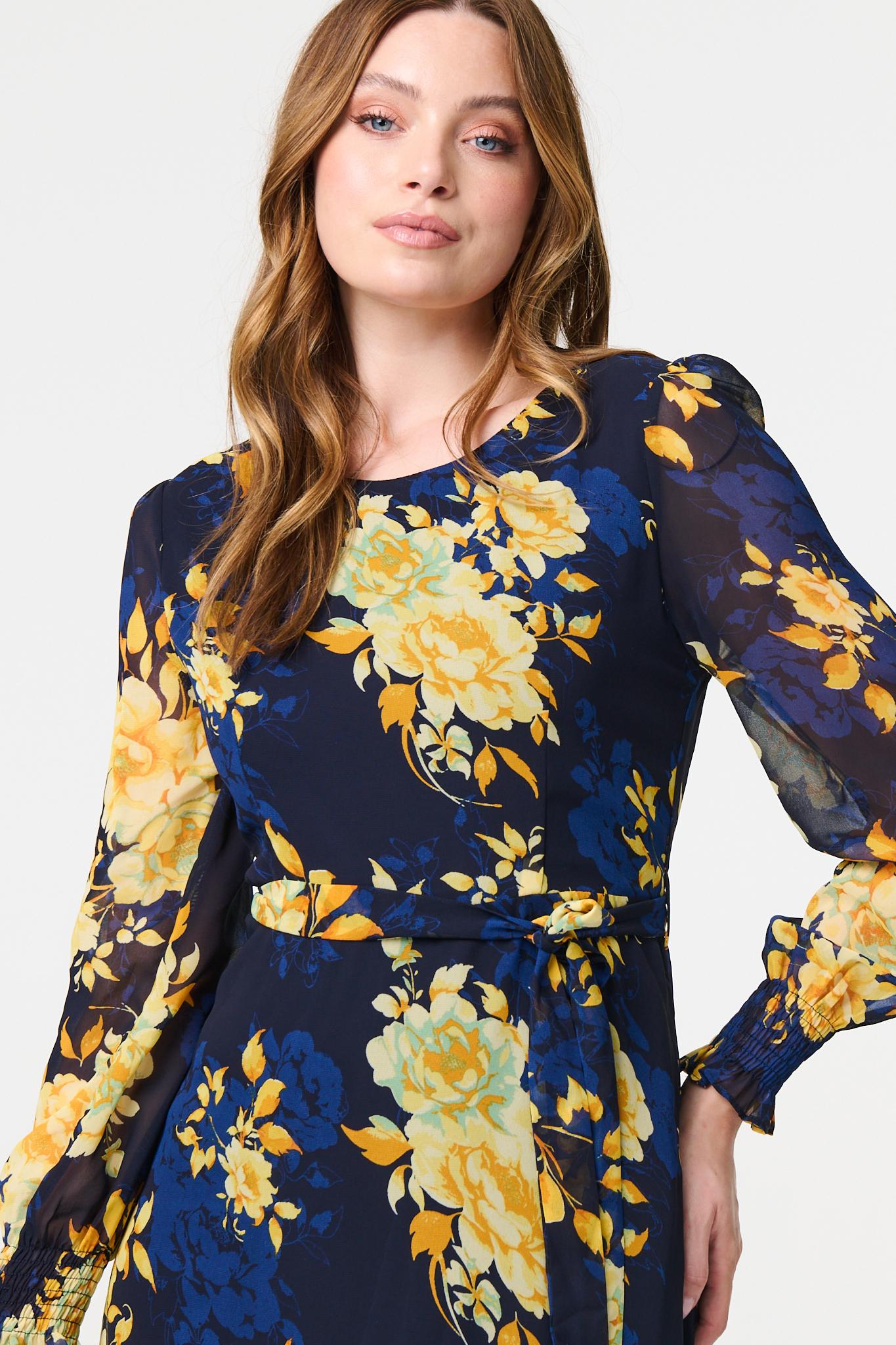 Floral Long Sleeve Chiffon Midi Dress Back View