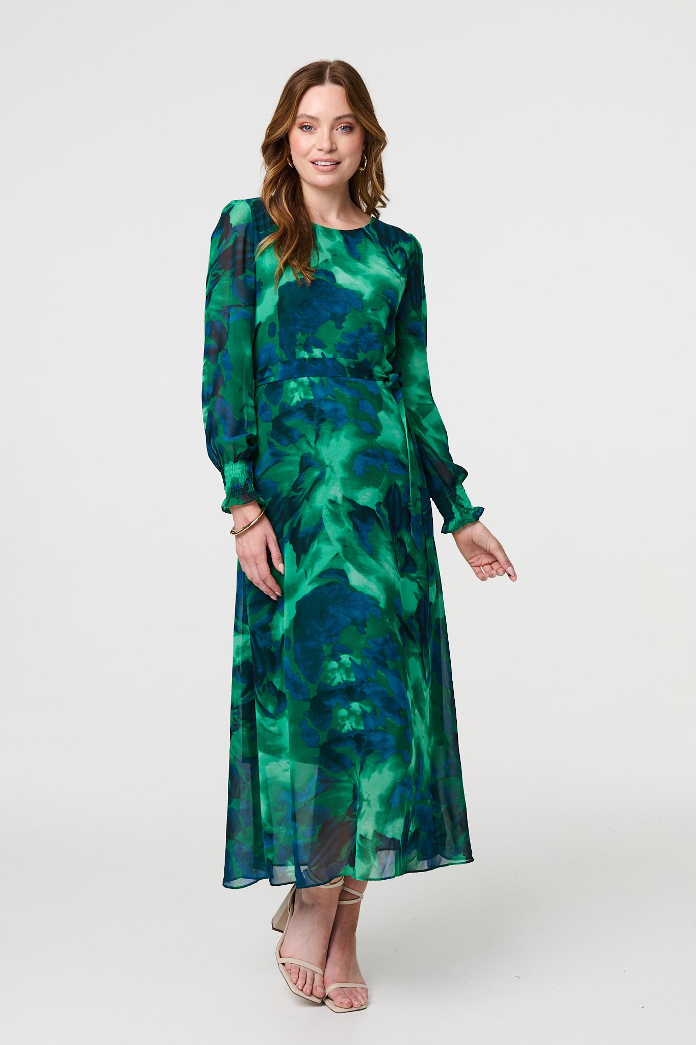 Printed Long Sleeve Chiffon Midi Dress Detail View