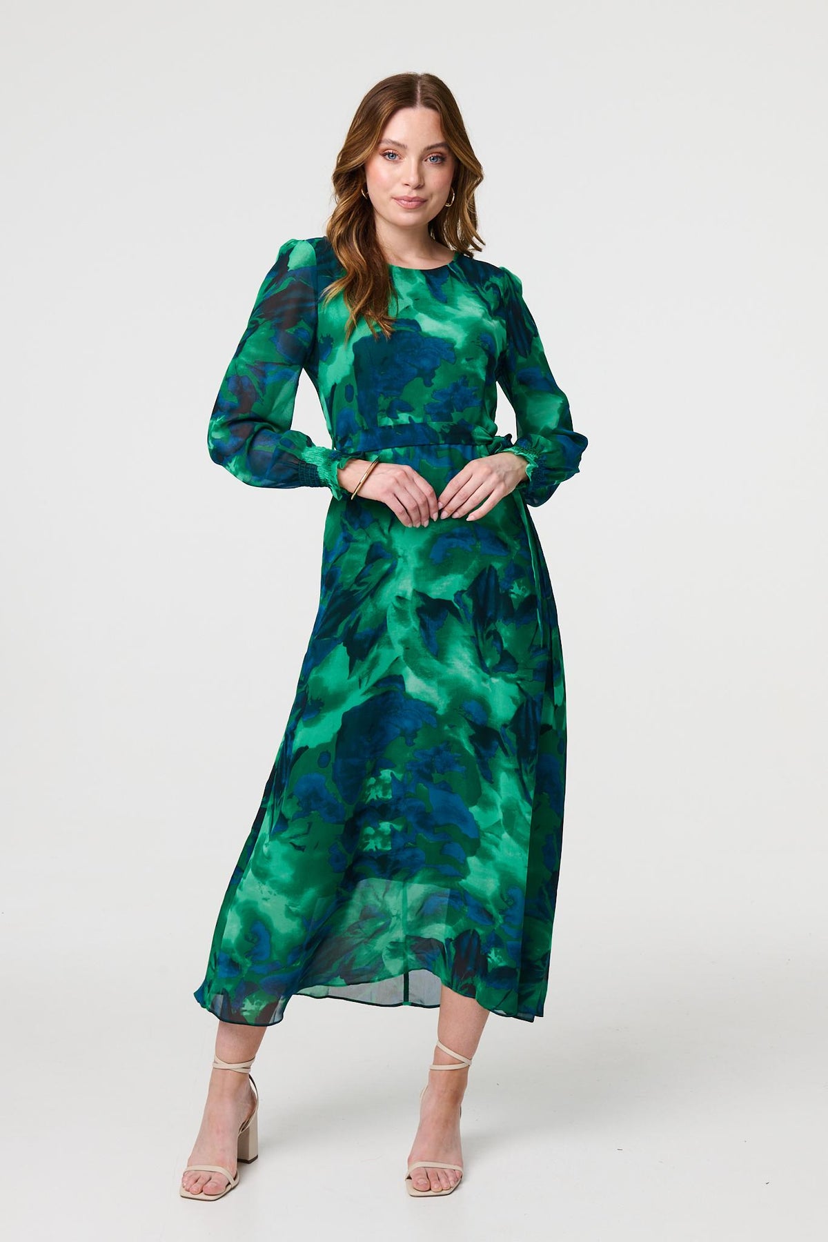 Printed Long Sleeve Chiffon Midi Dress Full Length View