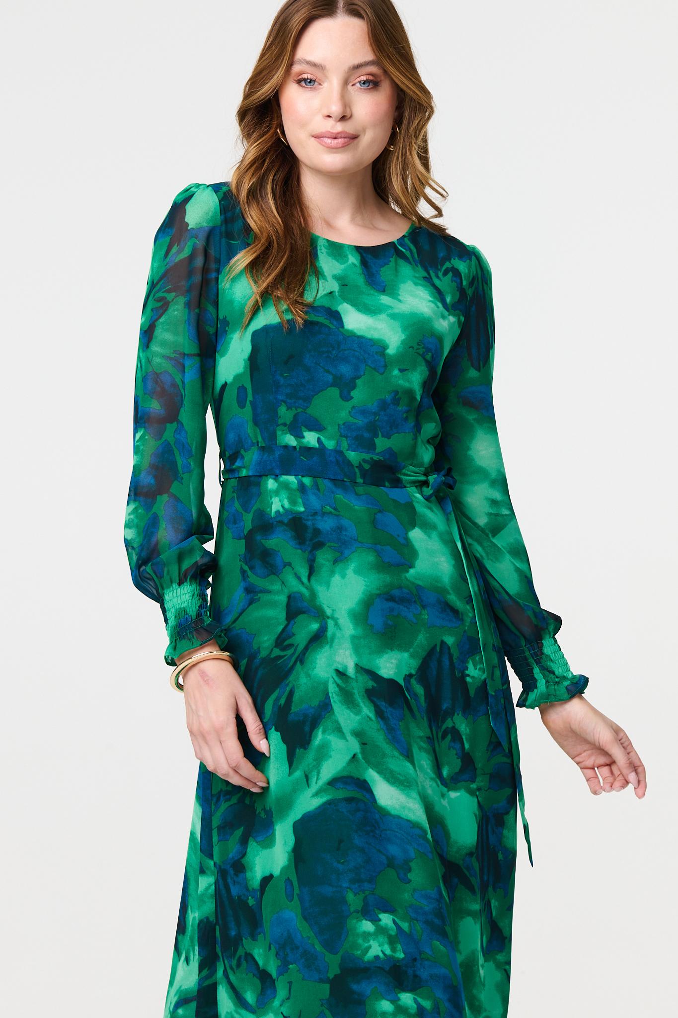 Printed Long Sleeve Chiffon Midi Dress Detail View 2