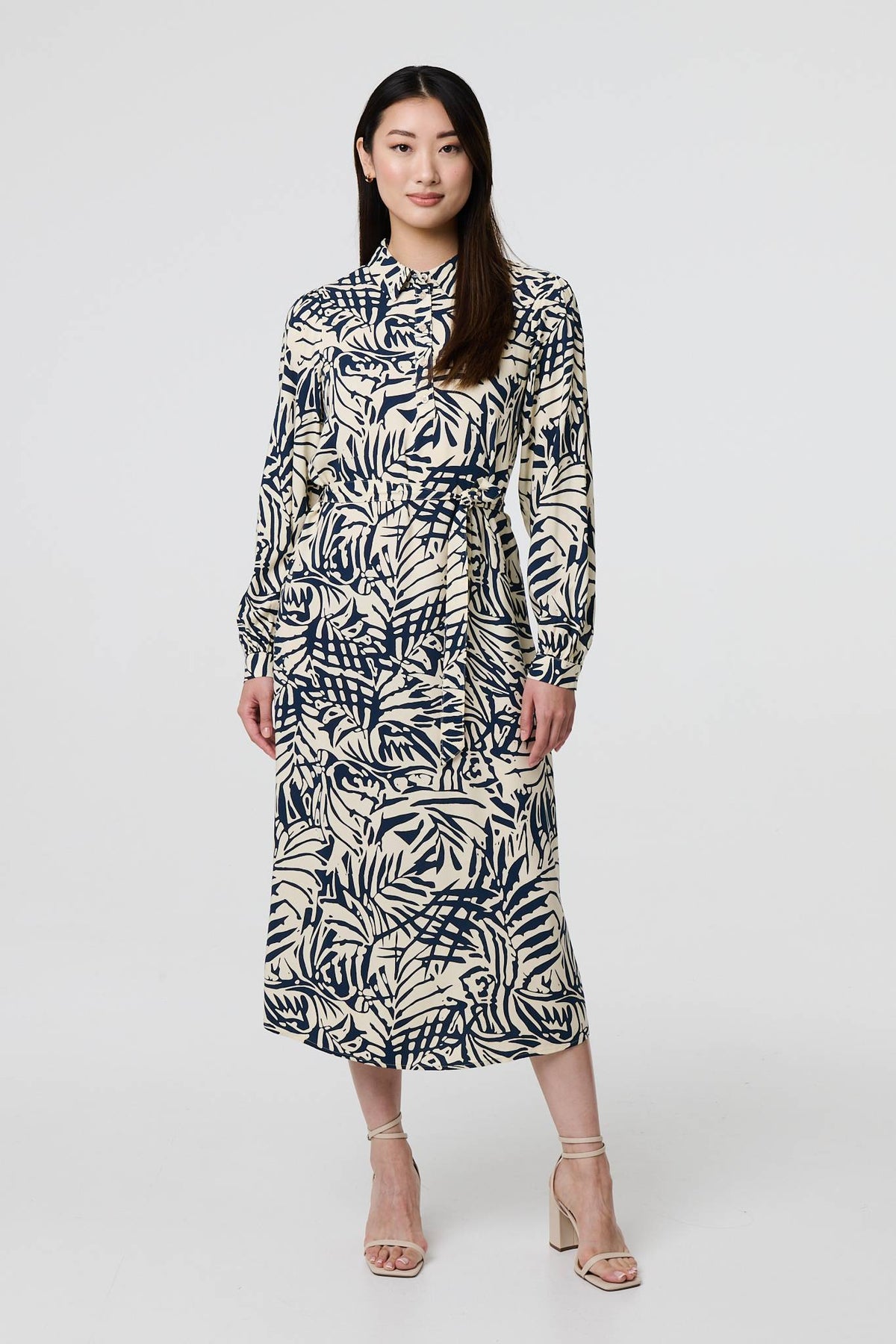 Printed Tie Waist Midi Shirt Dress Styled View