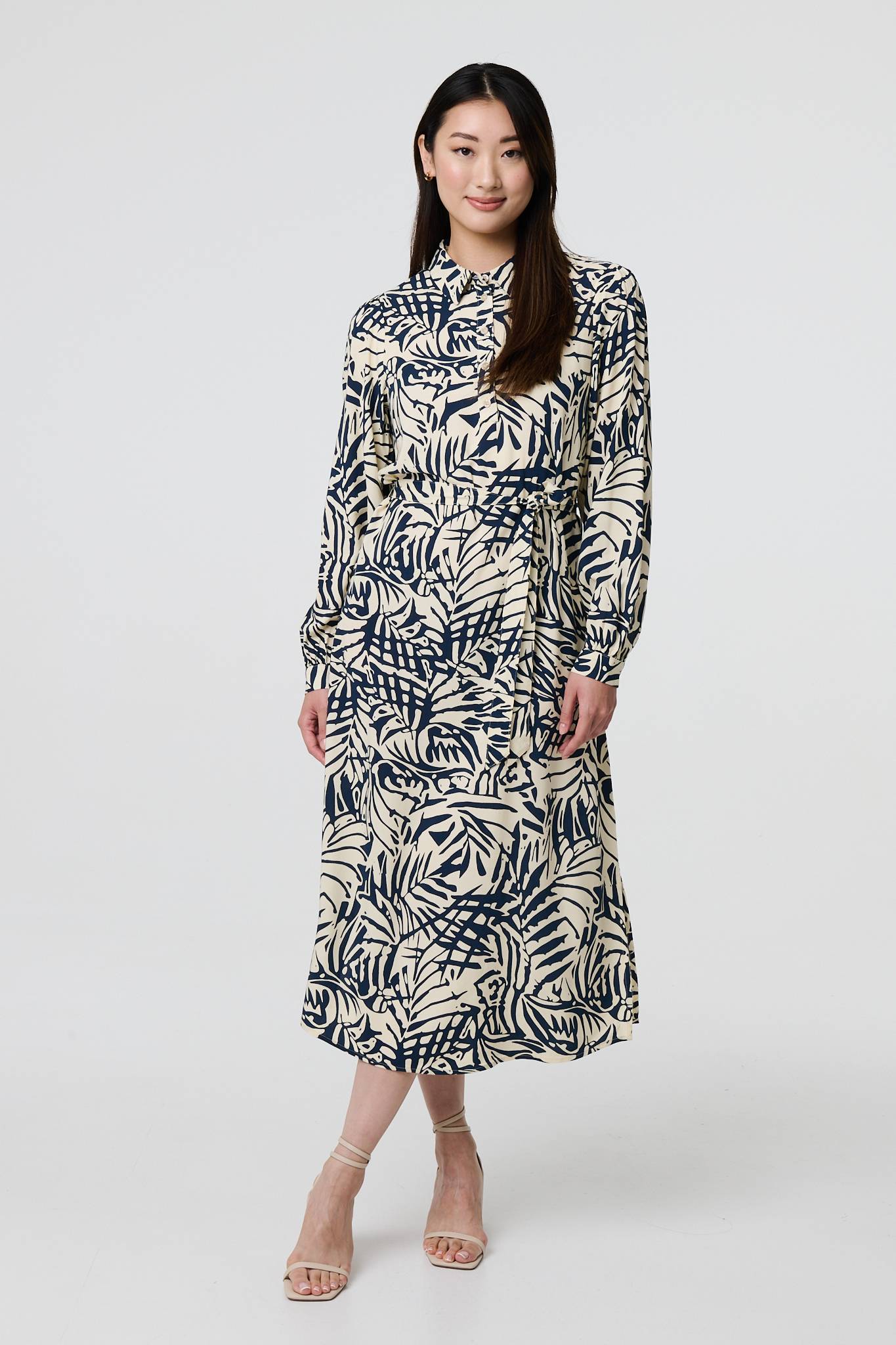 Printed Tie Waist Midi Shirt Dress Front View