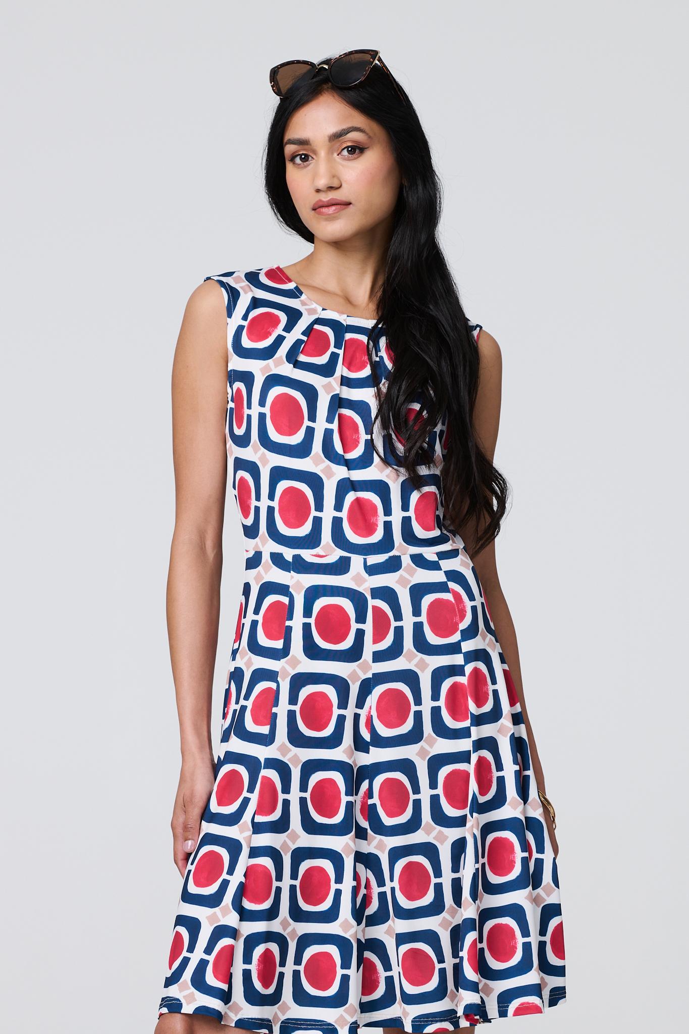 Abstract Print Sleeveless Knee Length Dress Front View 2