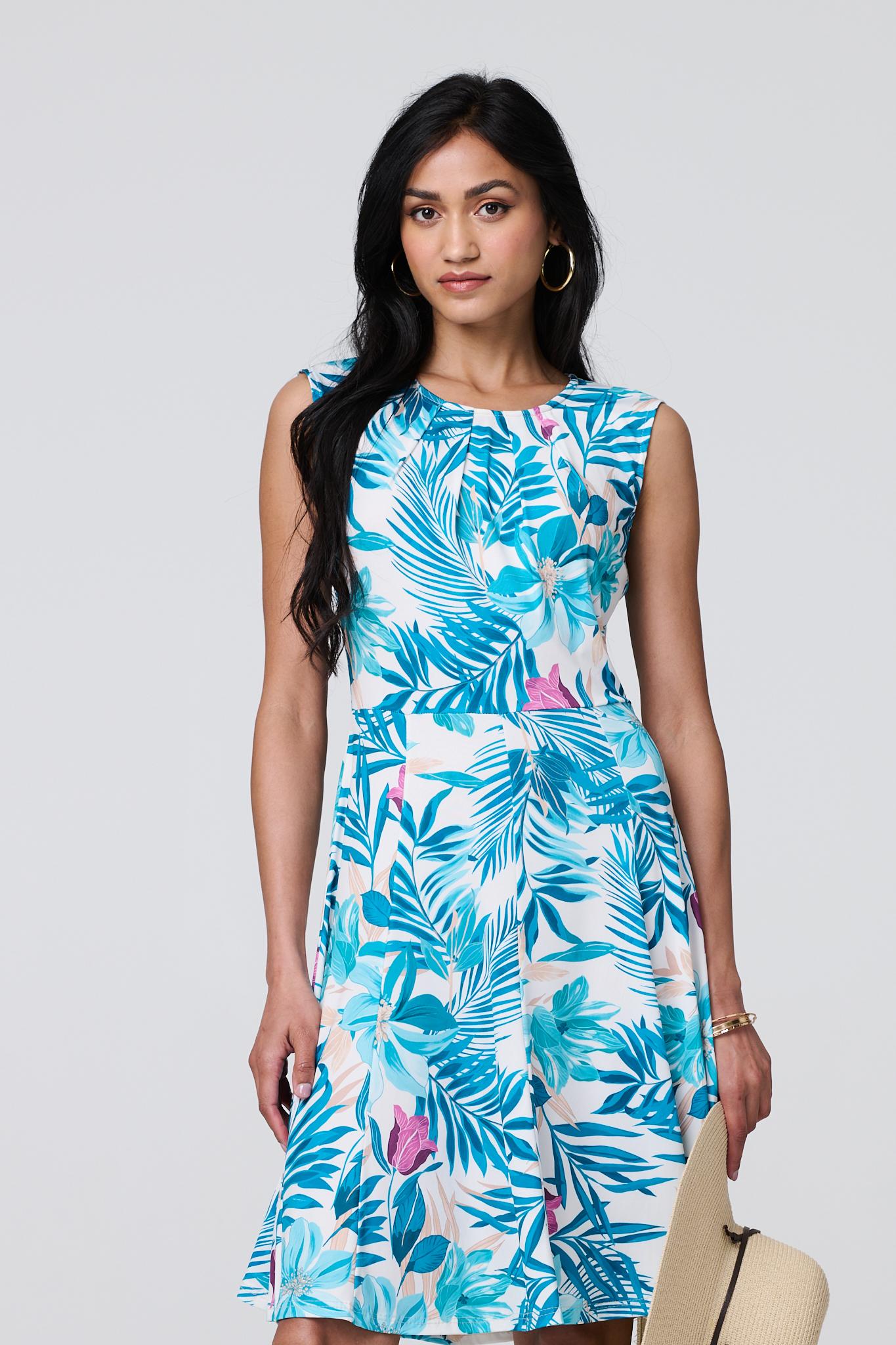 Tropical Print Sleeveless Knee Length Dress Back View