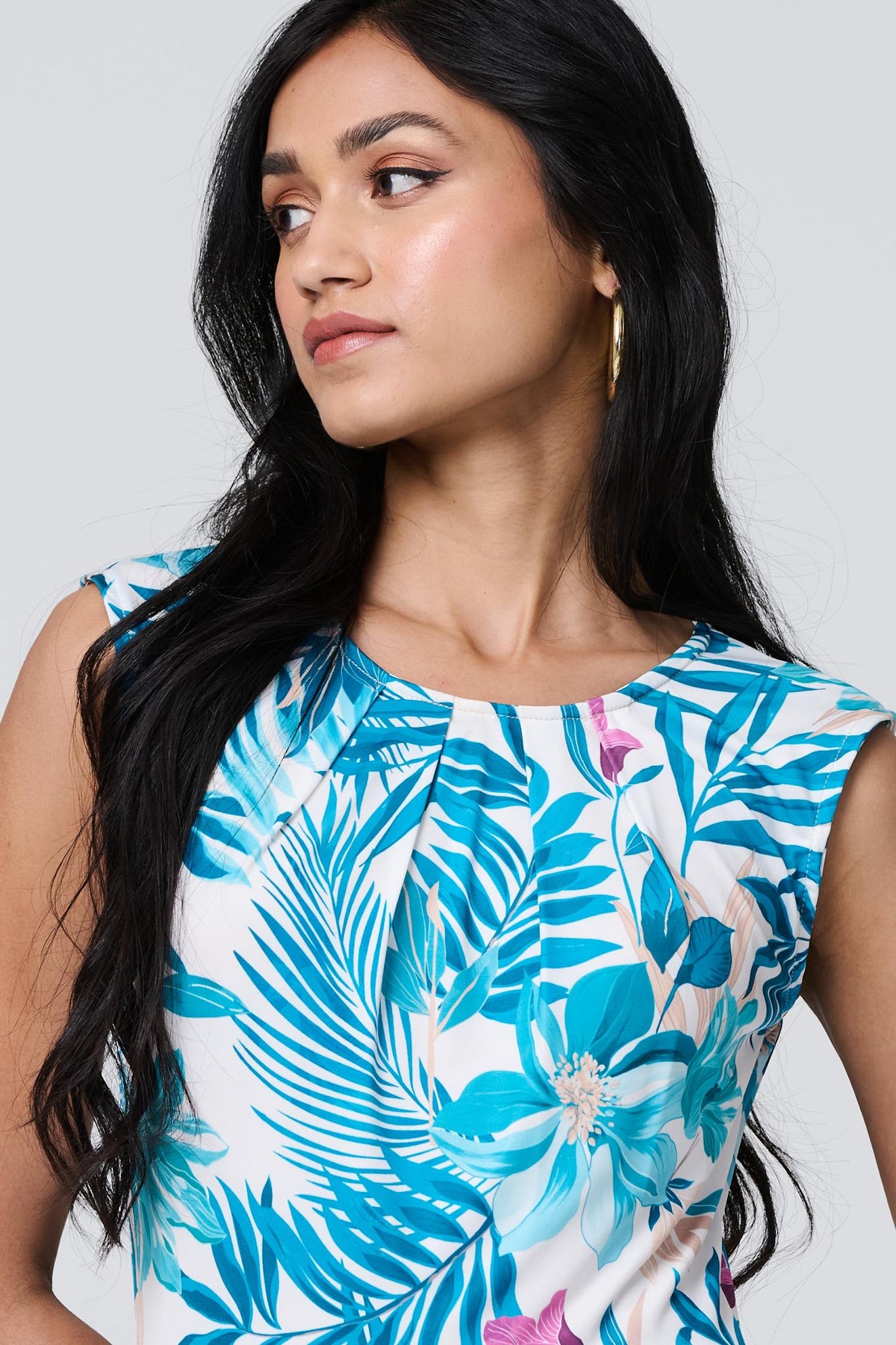 Tropical Print Sleeveless Knee Length Dress Full Length View