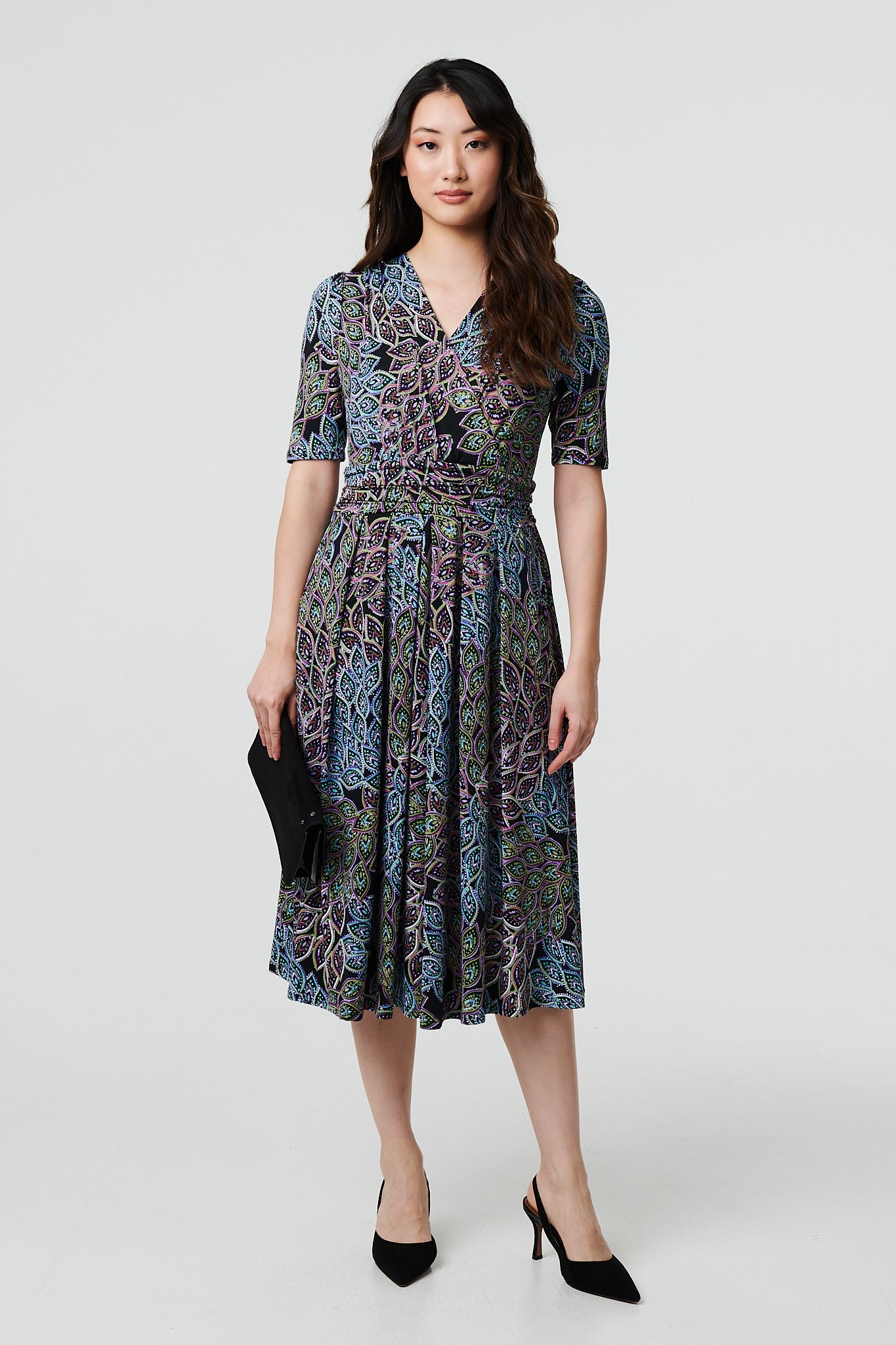 Leaf Print 1/2 Sleeve Faux Wrap Midi Dress Front View