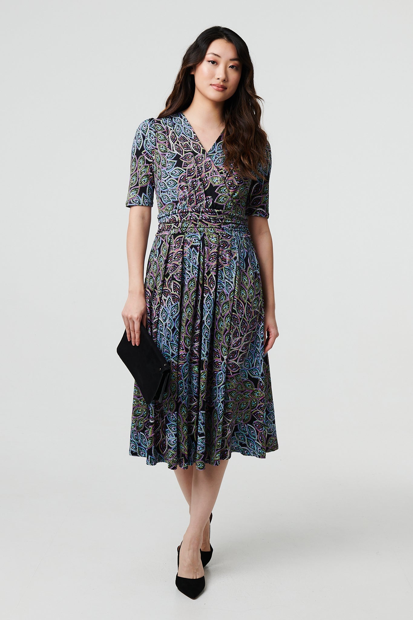 Leaf Print 1/2 Sleeve Faux Wrap Midi Dress Detail View