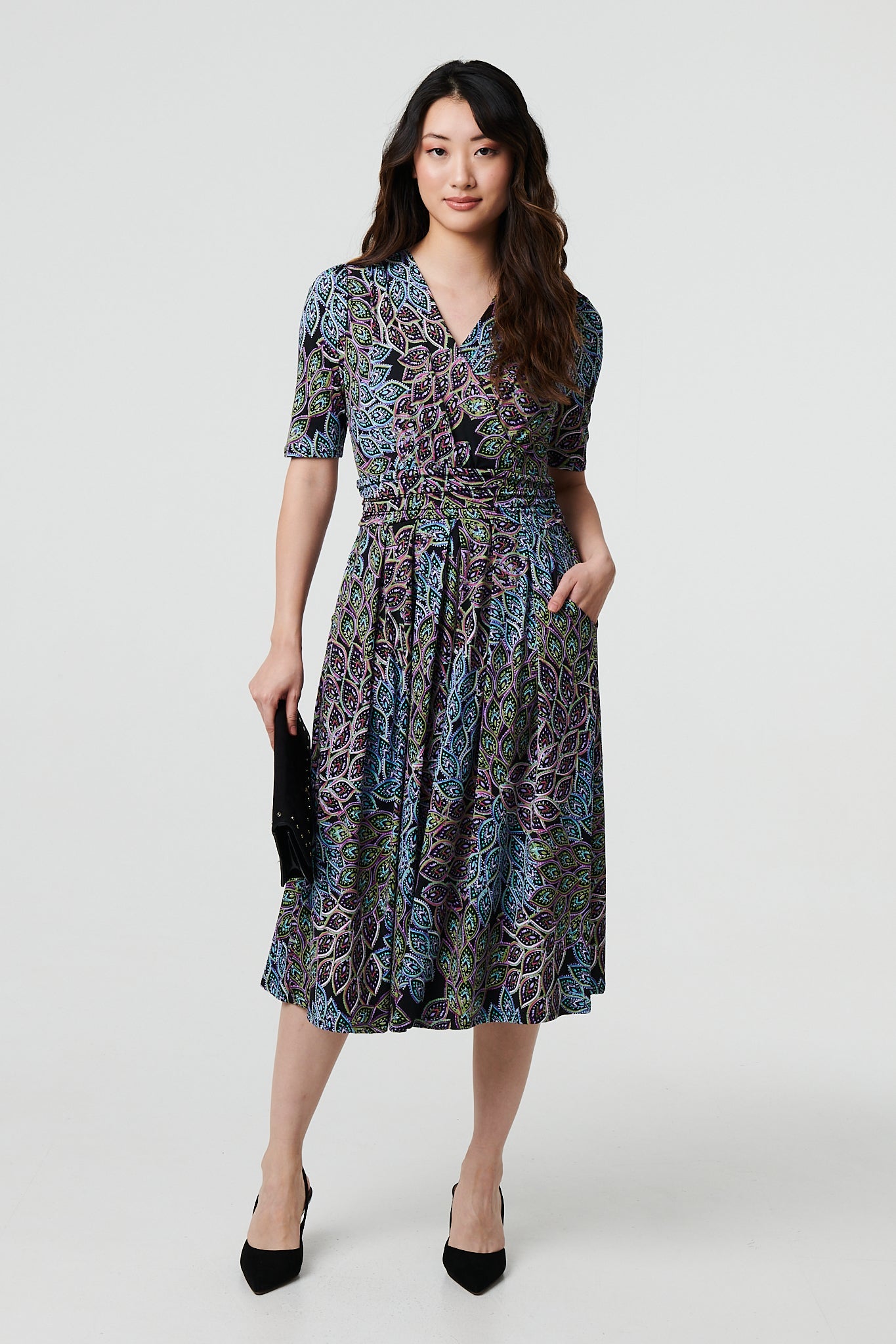 Leaf Print 1/2 Sleeve Faux Wrap Midi Dress Full Length View