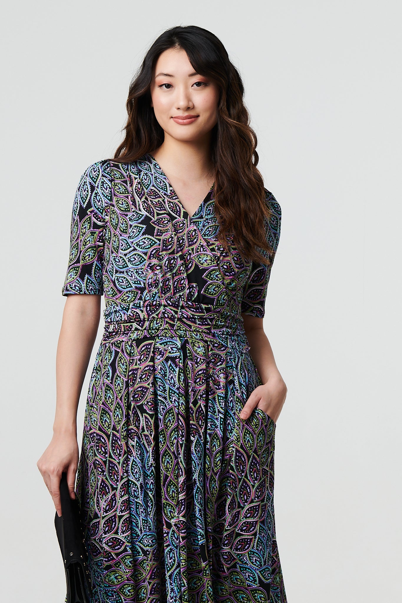 Leaf Print 1/2 Sleeve Faux Wrap Midi Dress Back View