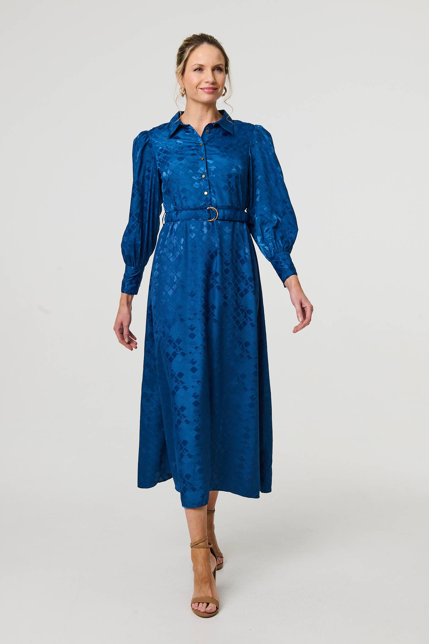 Metallic Puff Sleeve Maxi Shirt Dress Front View