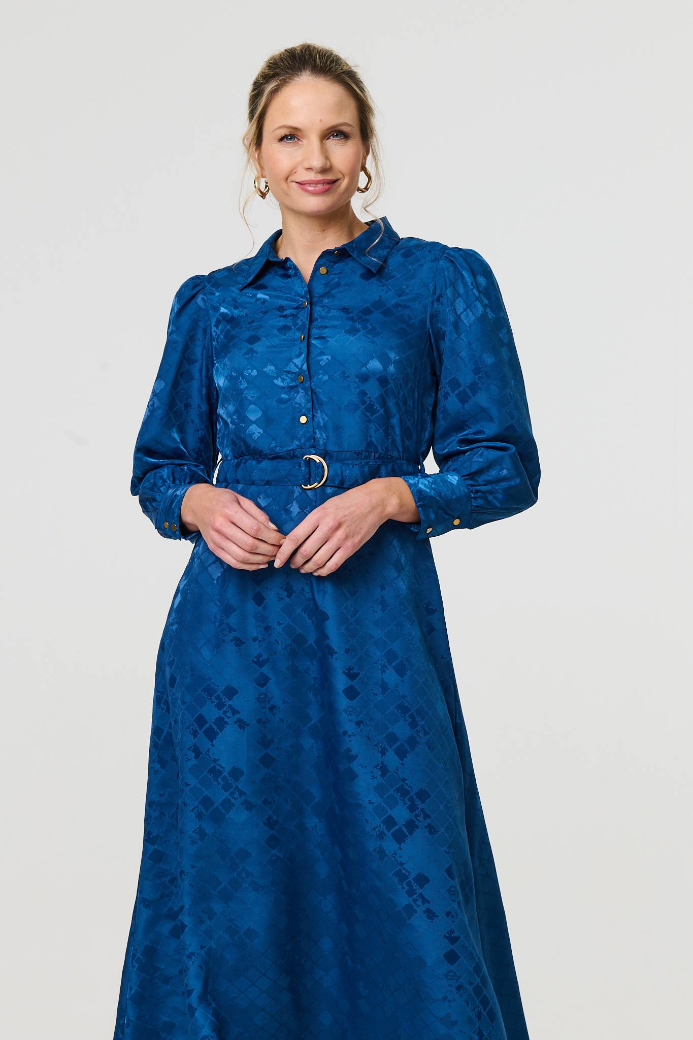 Metallic Puff Sleeve Maxi Shirt Dress Back View