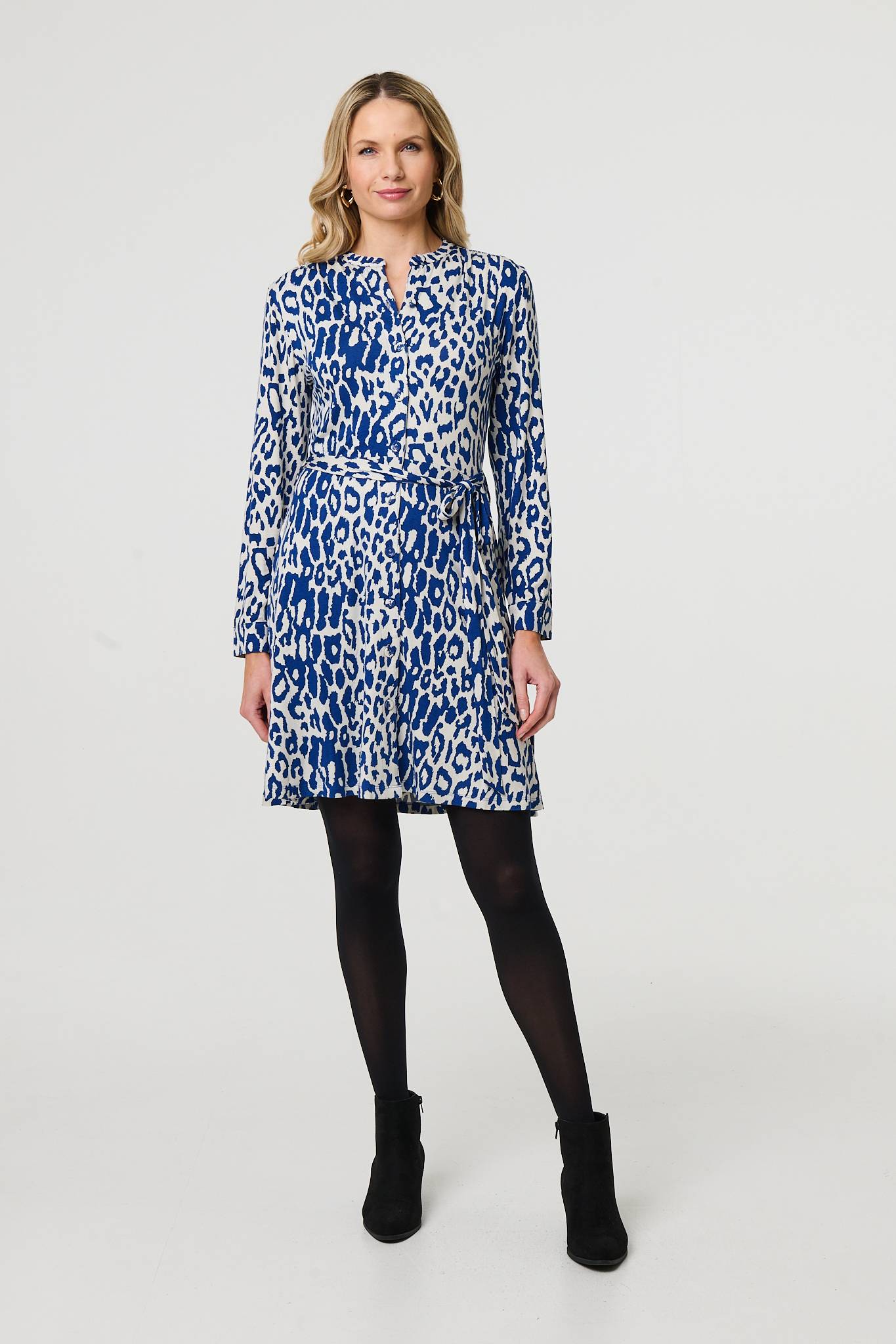 Animal Print Long Sleeve Short Shirt Dress Back View
