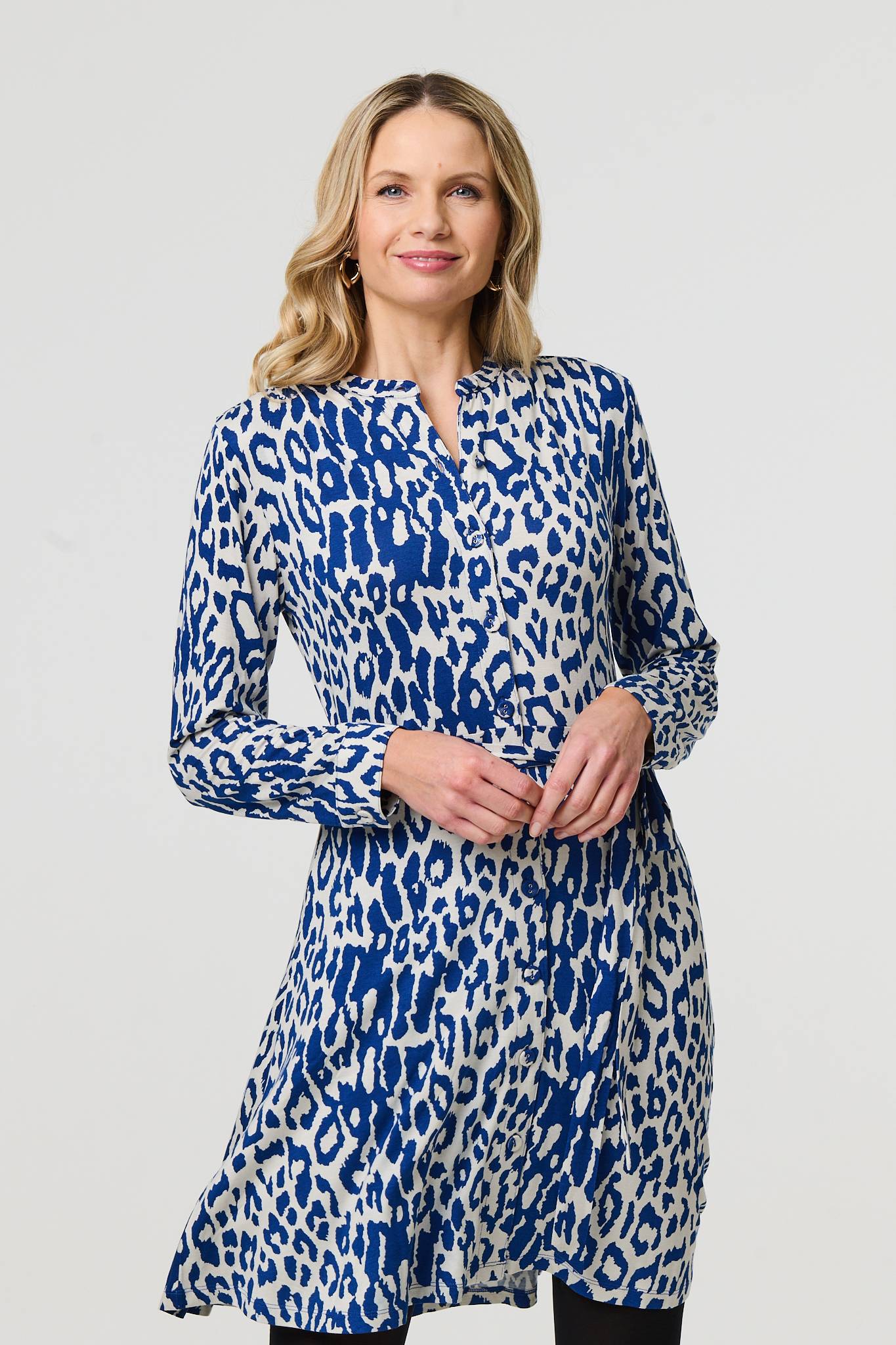 Animal Print Long Sleeve Short Shirt Dress Front View