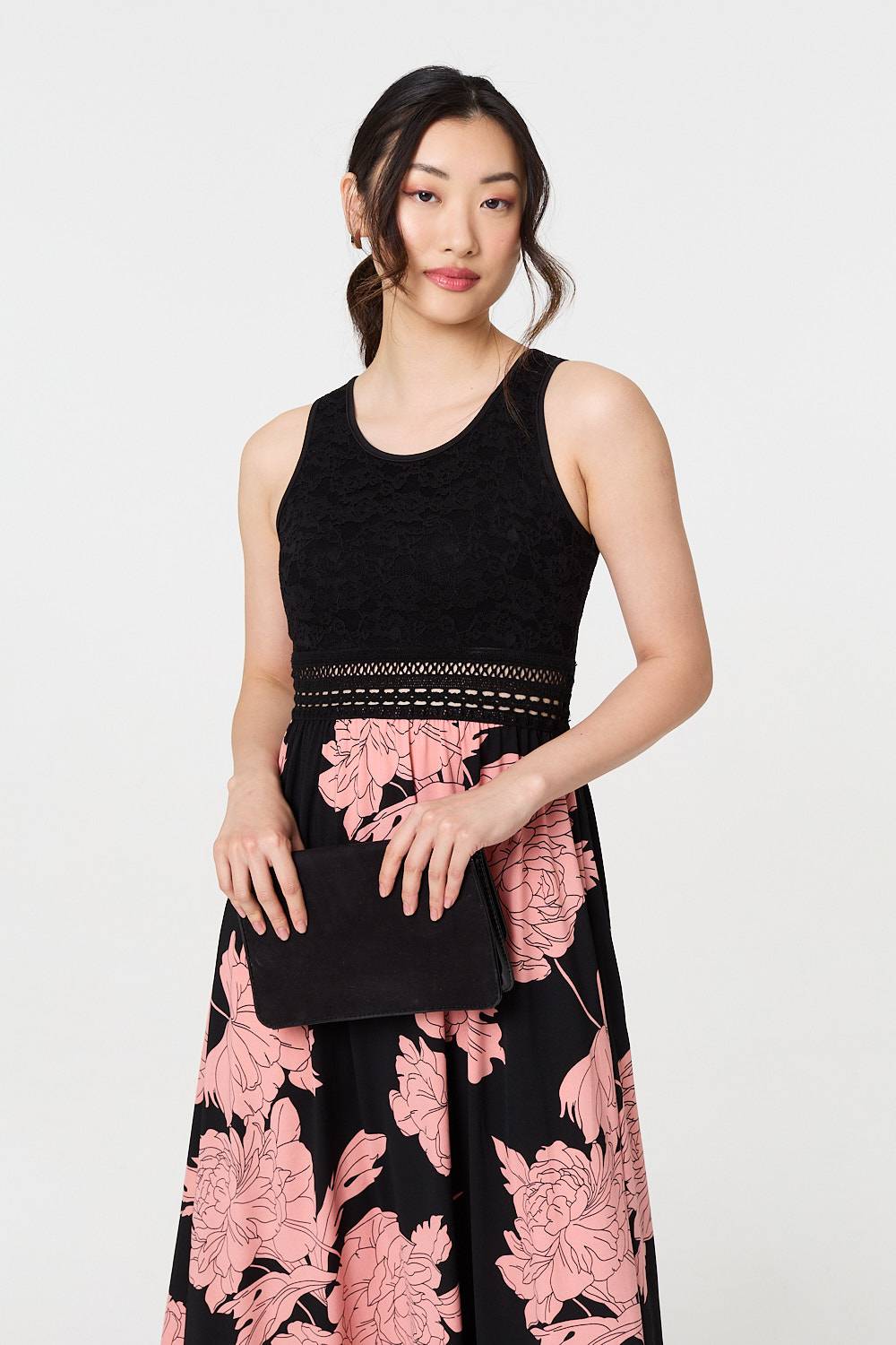 Floral Lace Trim Sleeveless Maxi Dress Side View
