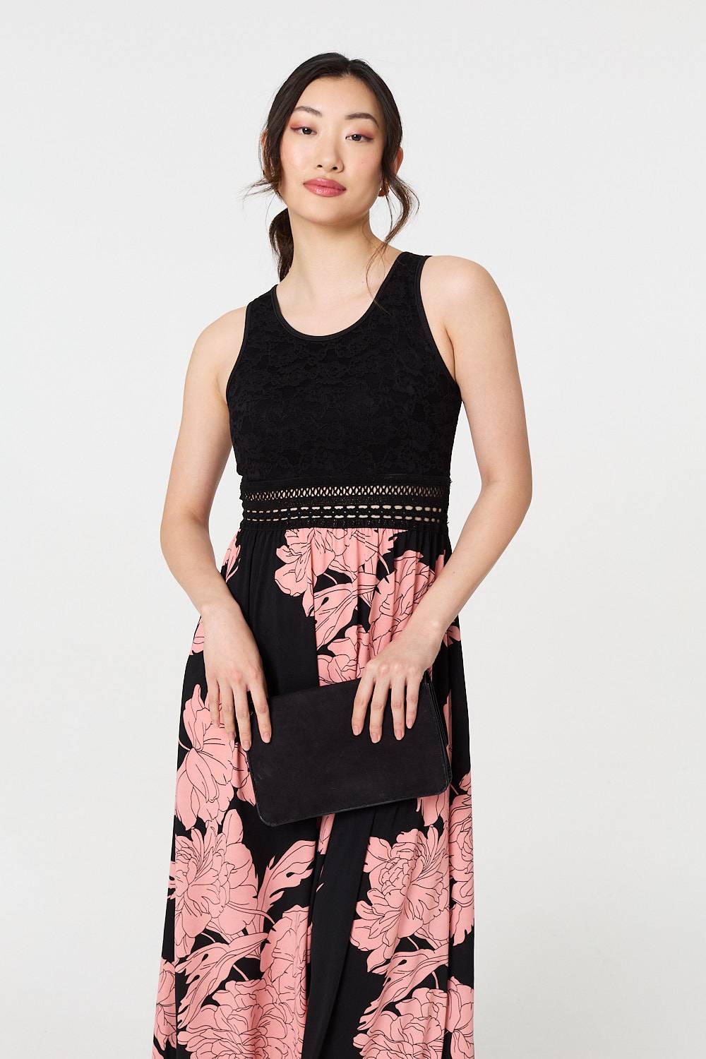 Floral Lace Trim Sleeveless Maxi Dress Front View 2