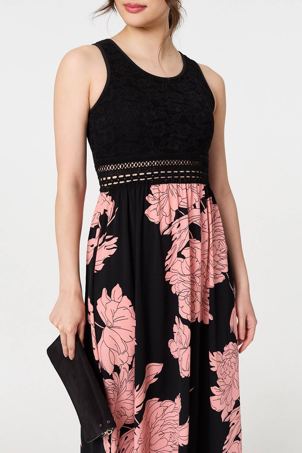 Floral Lace Trim Sleeveless Maxi Dress Styled View