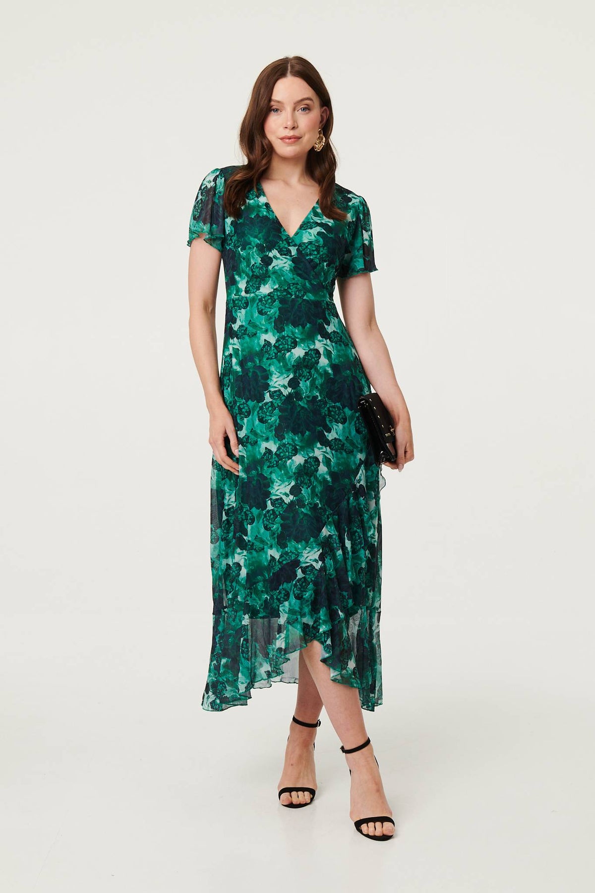 Floral Semi Sheer Frilled Hem Maxi Dress Front View