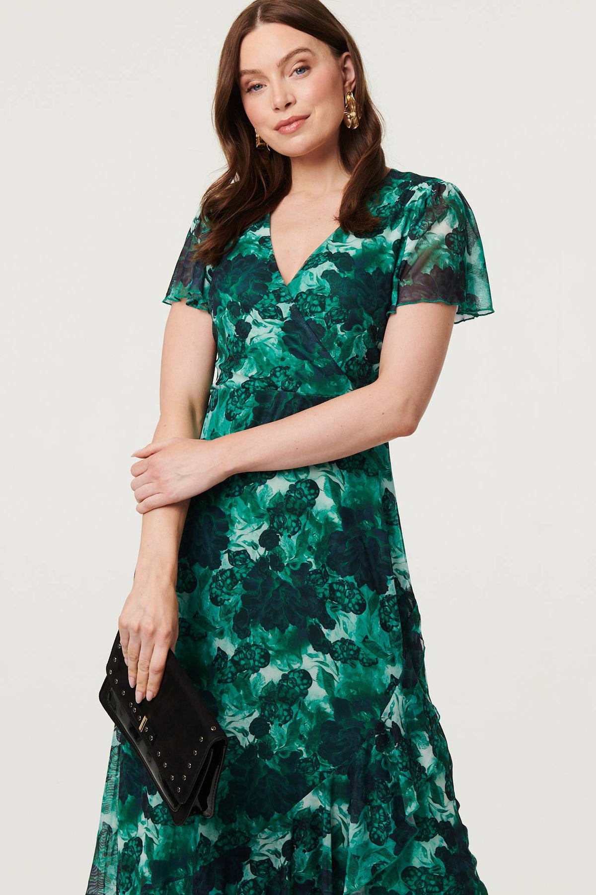 Floral Semi Sheer Frilled Hem Maxi Dress Full Length View