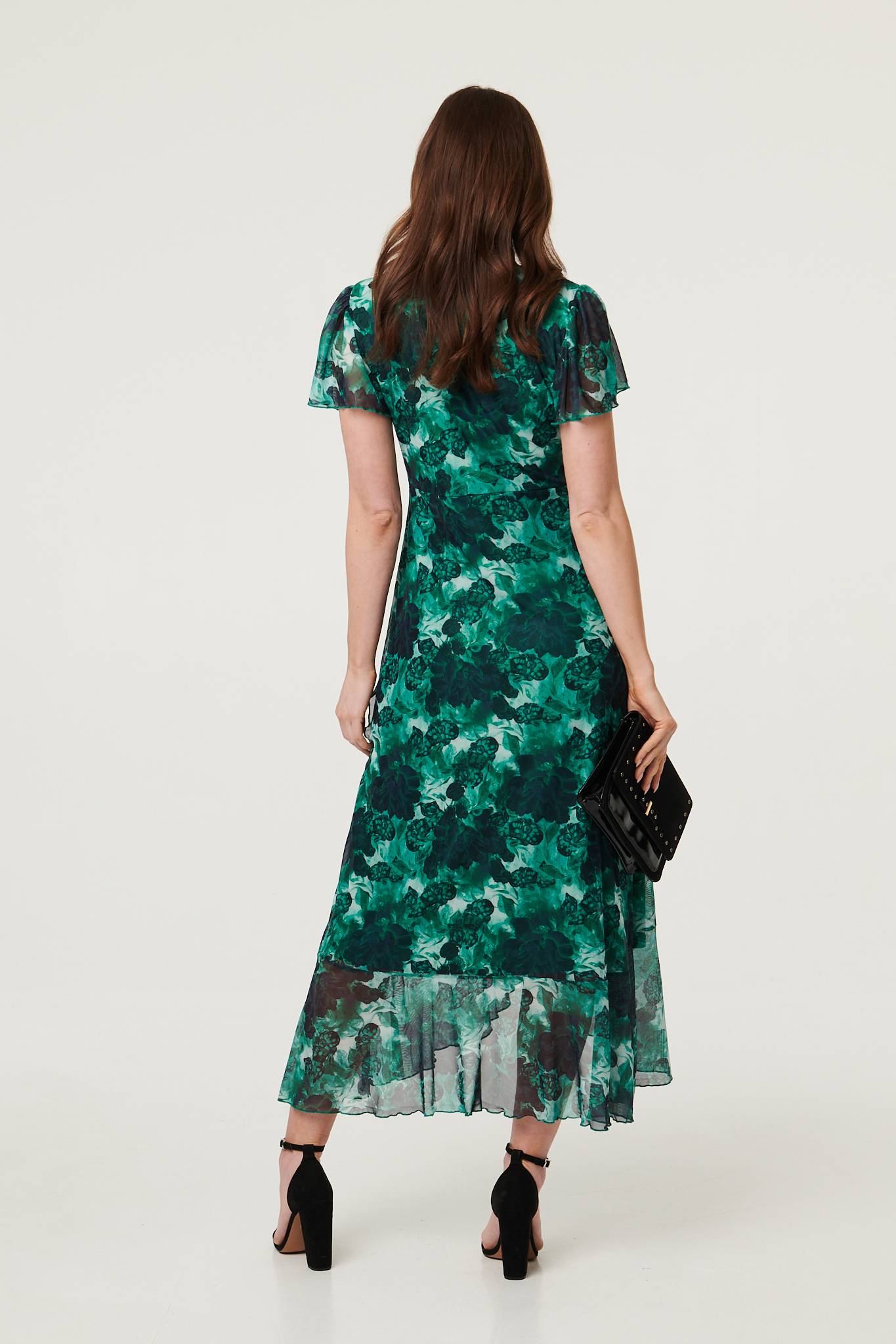 Floral Semi Sheer Frilled Hem Maxi Dress Back View