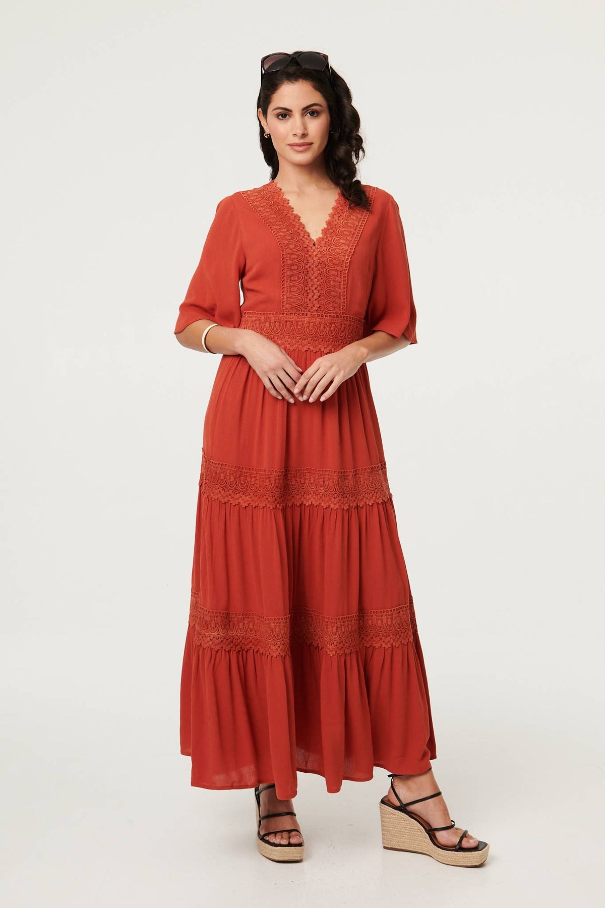 Lace Trim Tiered 1/2 Sleeve Maxi Dress Side View