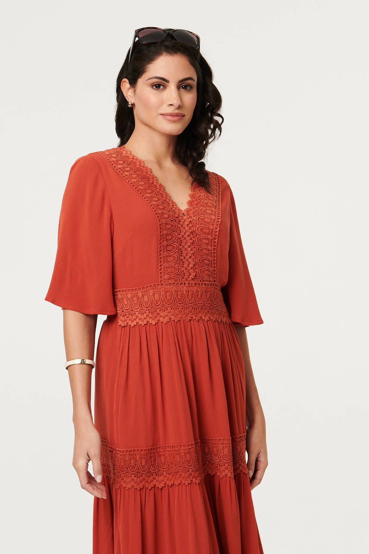 Lace Trim Tiered 1/2 Sleeve Maxi Dress Detail View