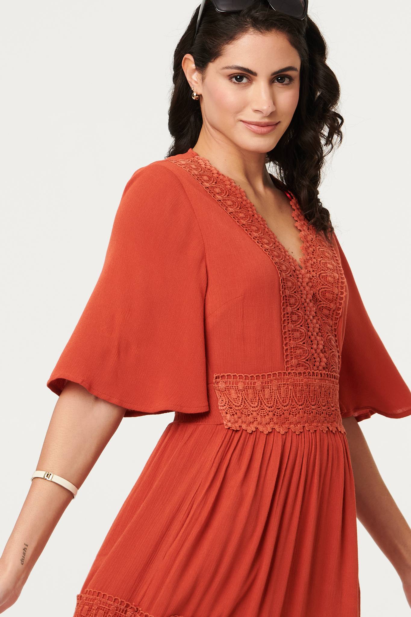 Lace Trim Tiered 1/2 Sleeve Maxi Dress Front View 2