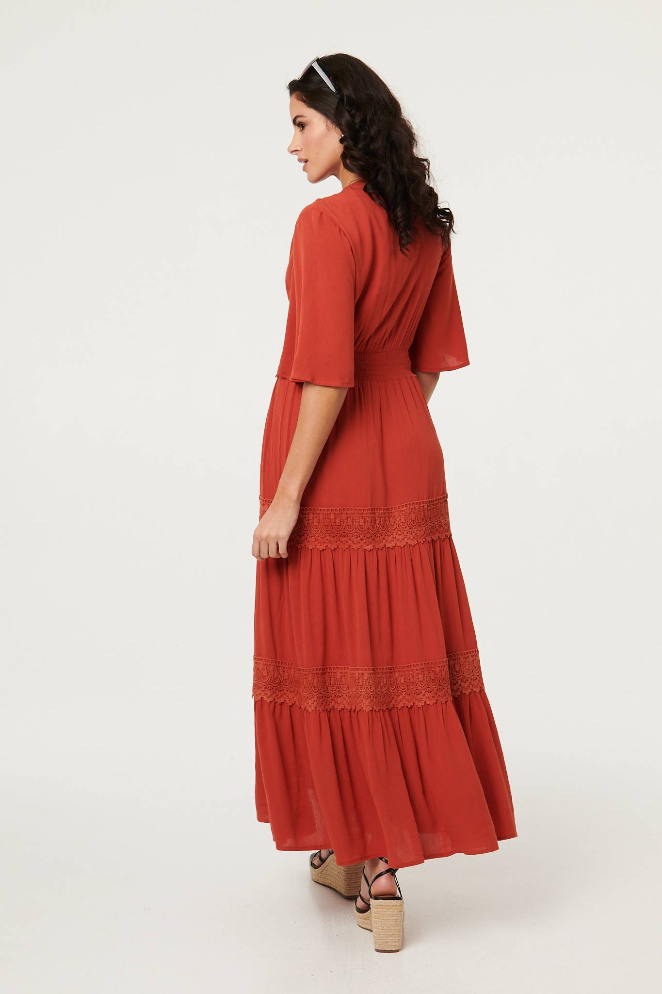 Lace Trim Tiered 1/2 Sleeve Maxi Dress Styled View