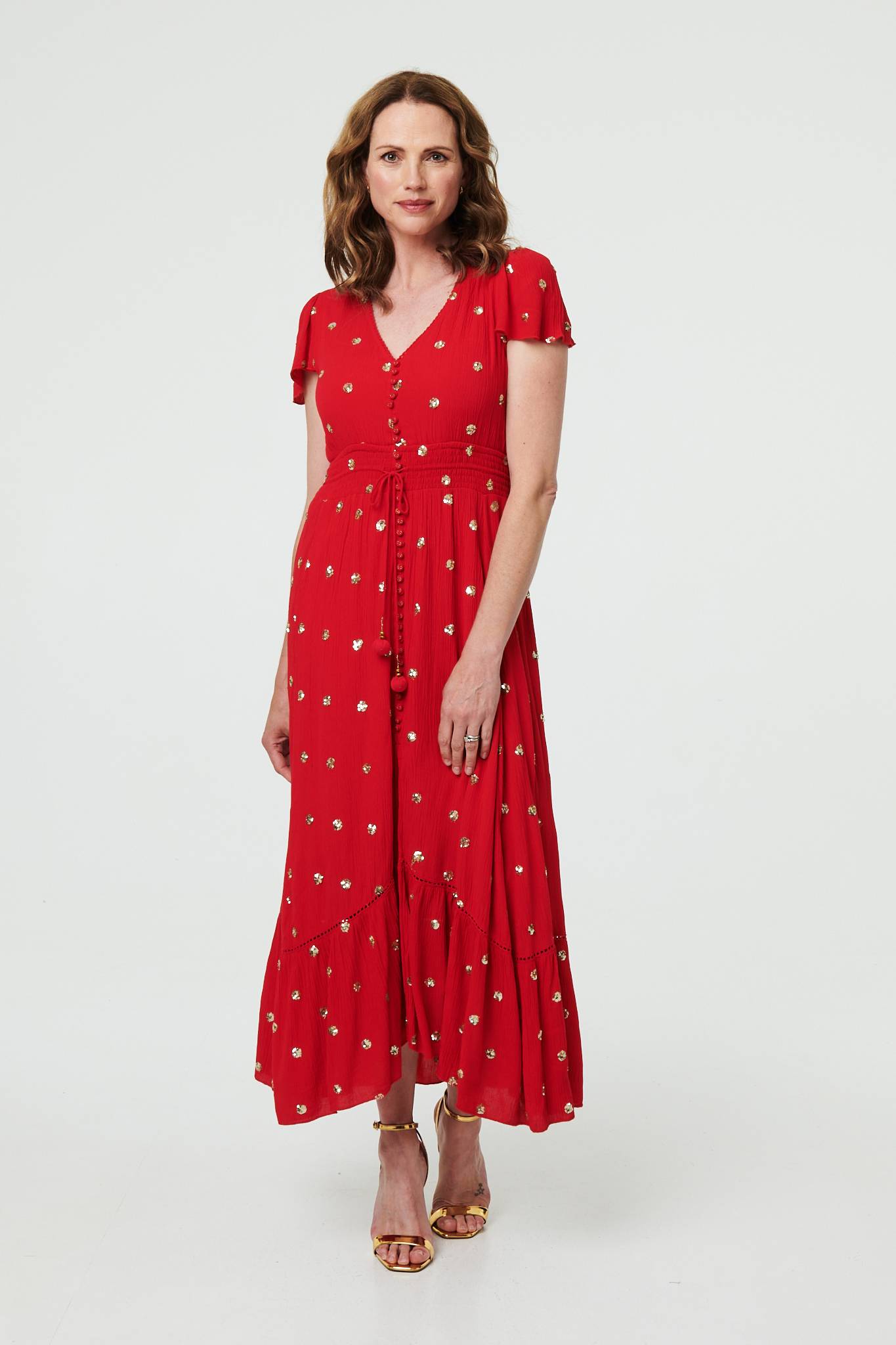 Sparkly Cap Sleeve Tassel Tie Maxi Dress Front View