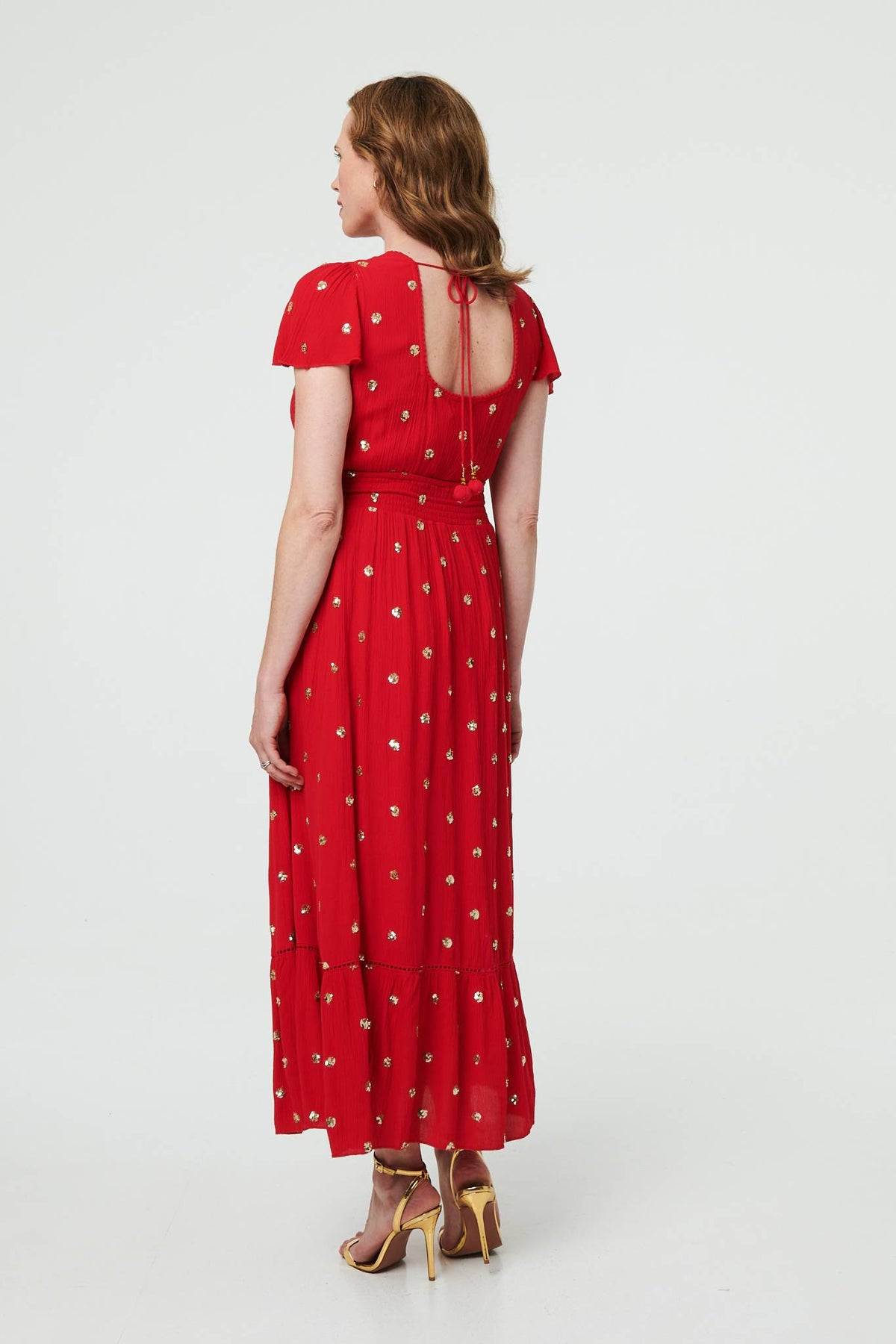Sparkly Cap Sleeve Tassel Tie Maxi Dress Detail View