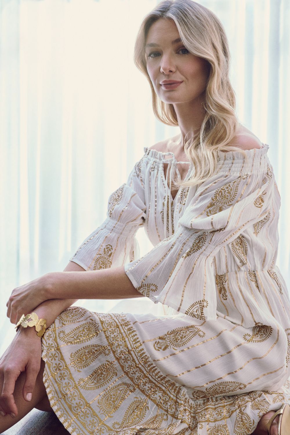 Ikat Print Knee Length Bardot Dress Front View