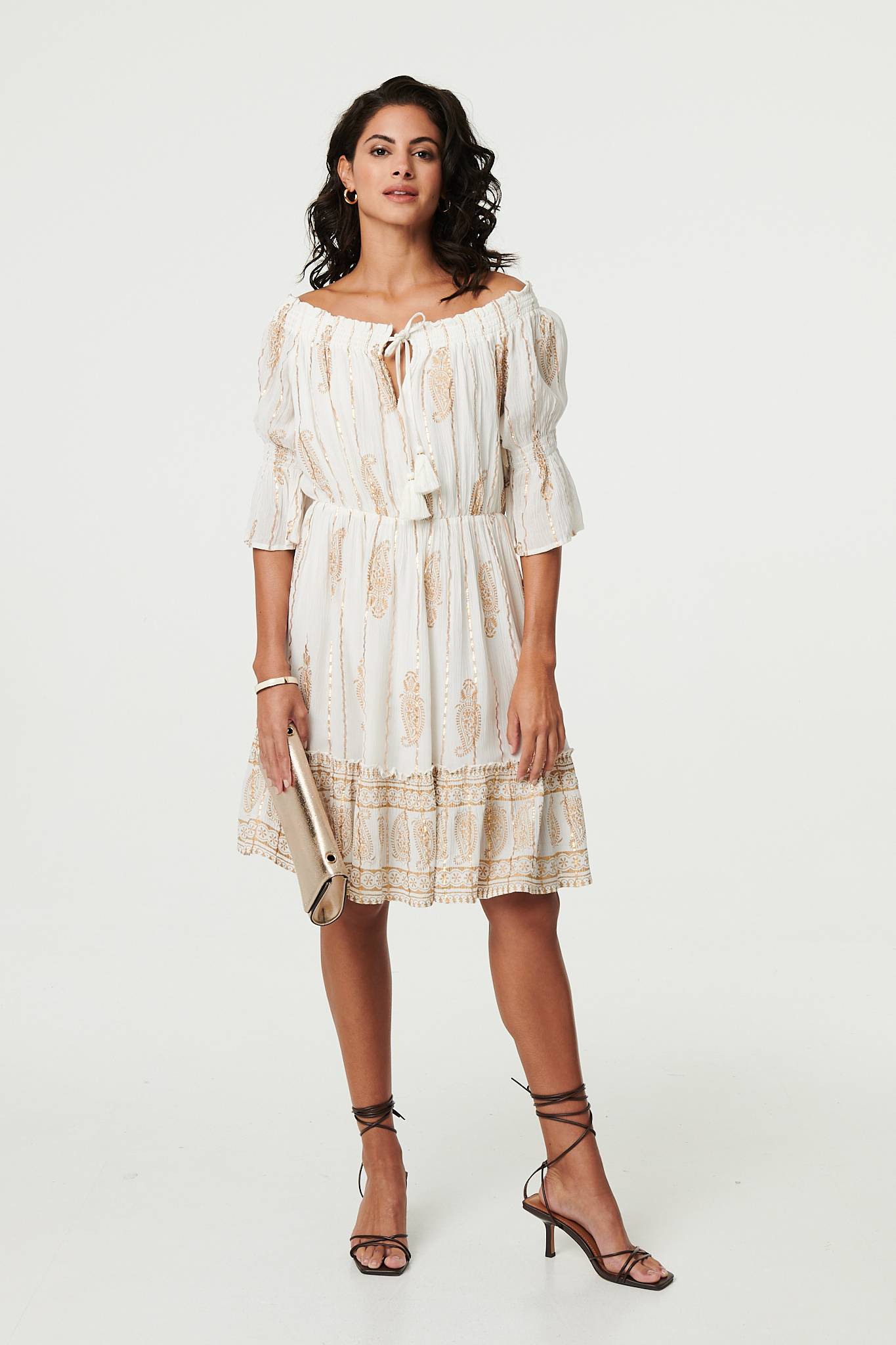 Ikat Print Knee Length Bardot Dress Detail View