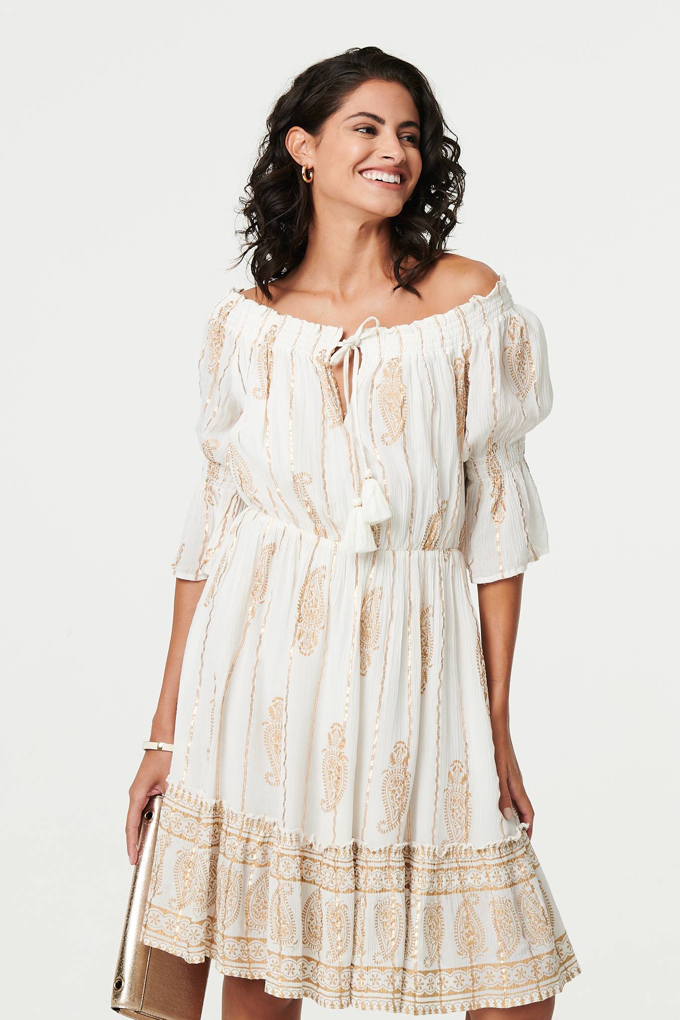 Ikat Print Knee Length Bardot Dress Full Length View