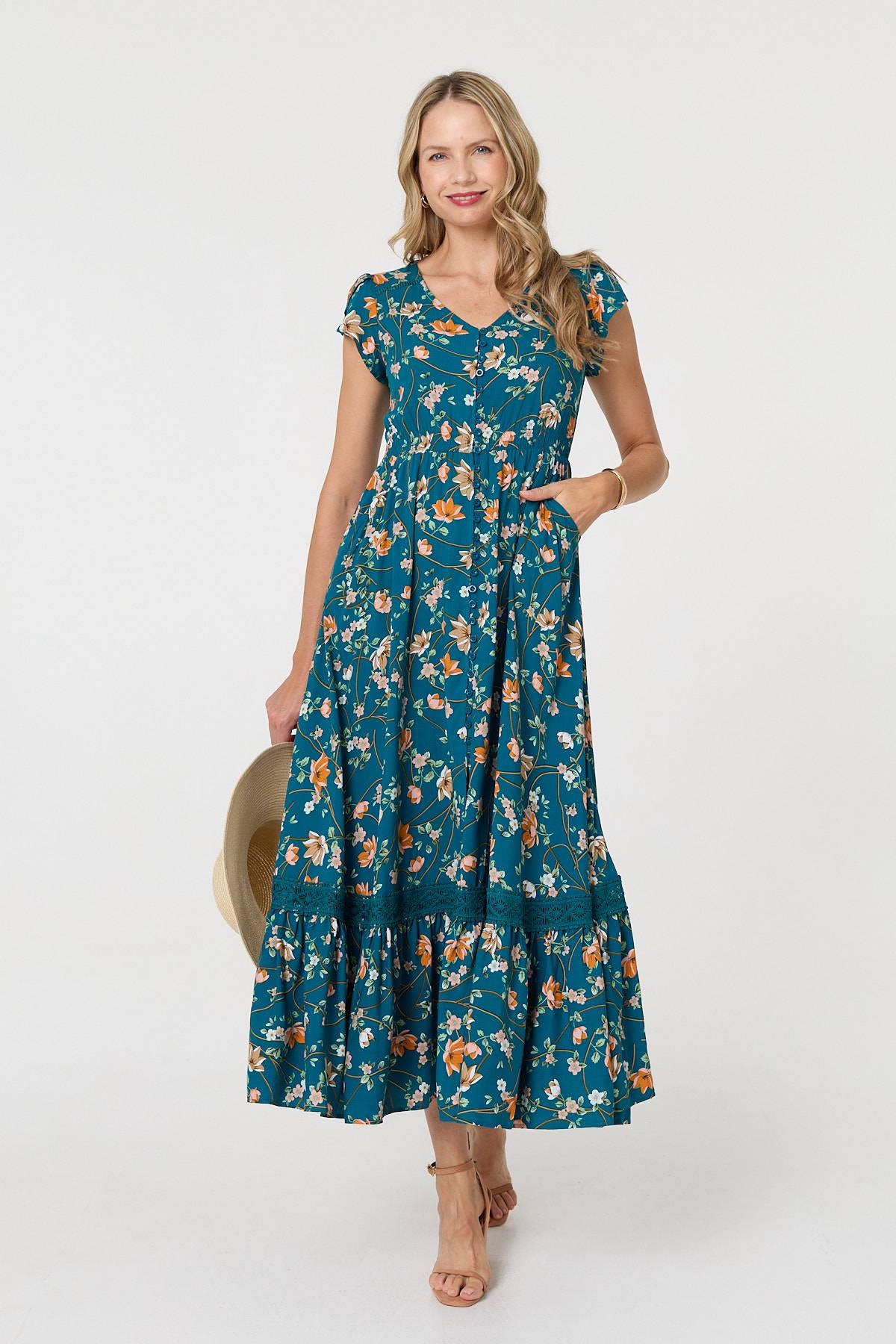 Floral Cap Sleeve Lace Trim Maxi Dress Front View