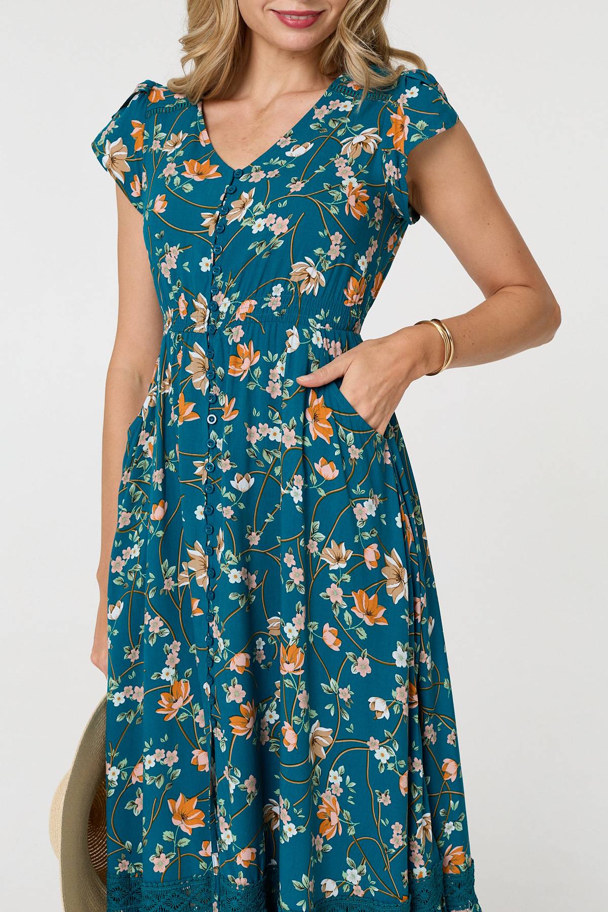 Floral Cap Sleeve Lace Trim Maxi Dress Styled View