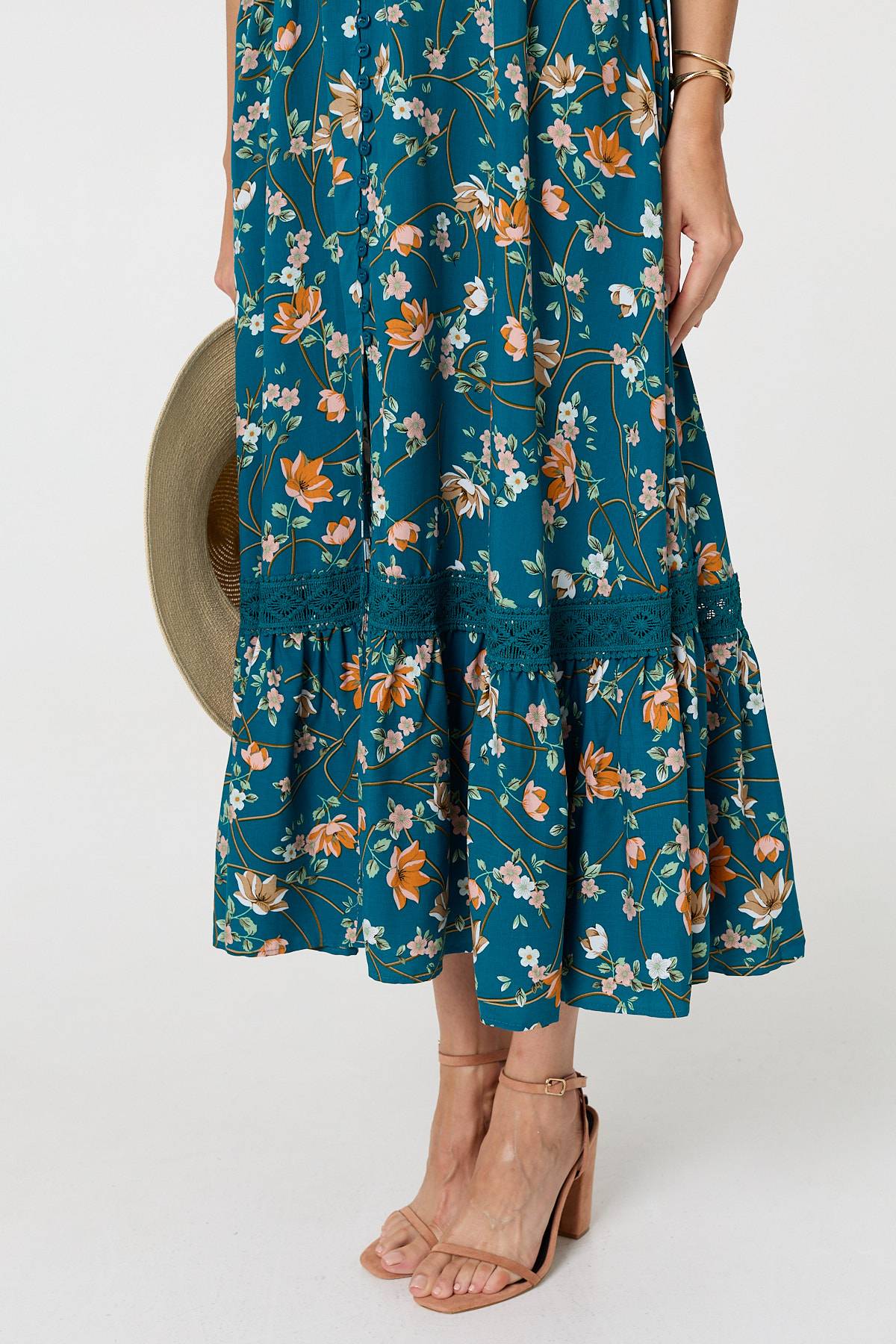 Floral Cap Sleeve Lace Trim Maxi Dress Detail View