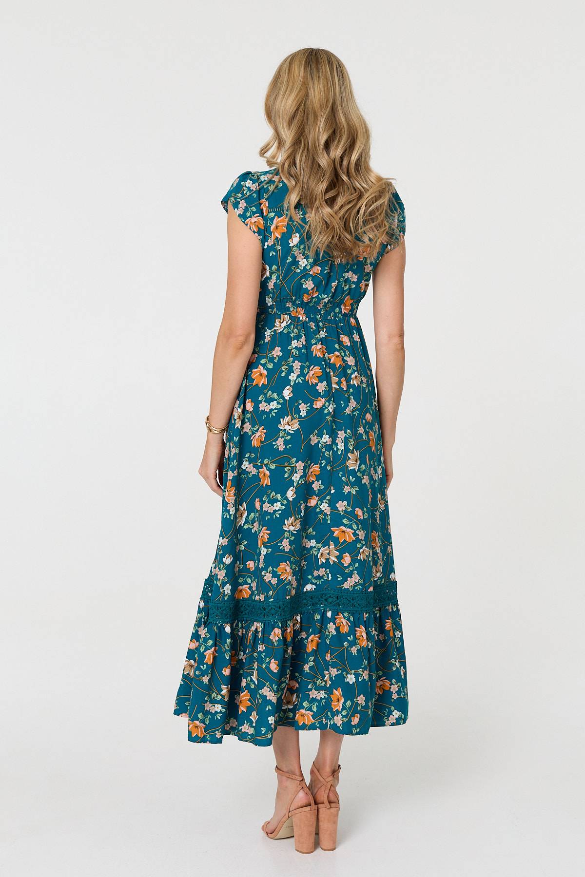 Floral Cap Sleeve Lace Trim Maxi Dress Side View