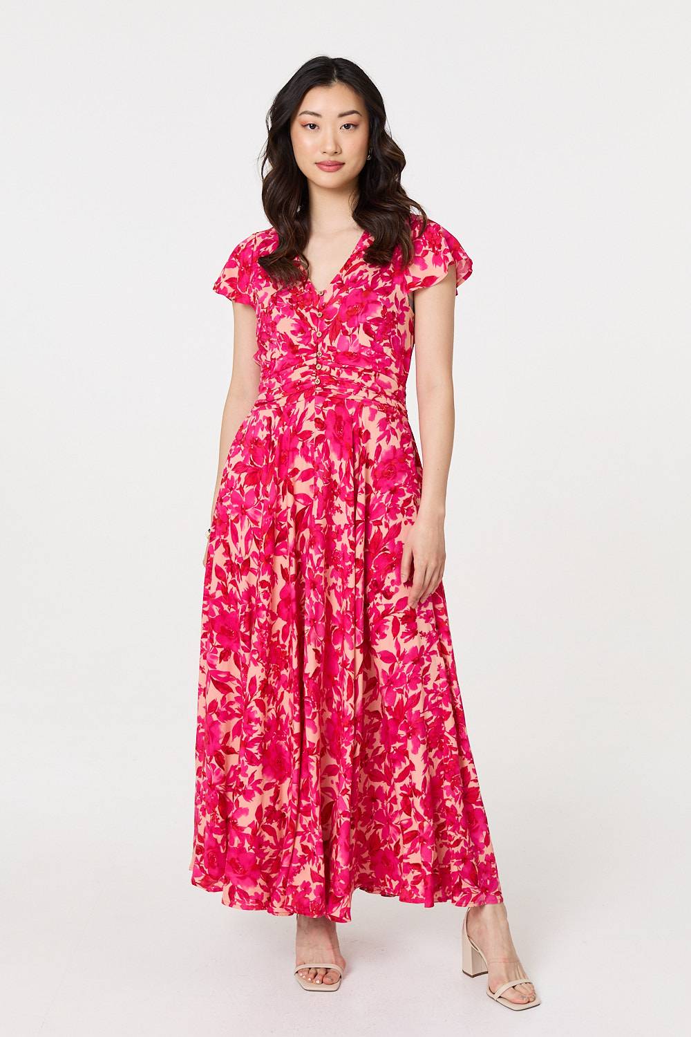 Floral Cap Sleeve Ruched Maxi Dress Front View