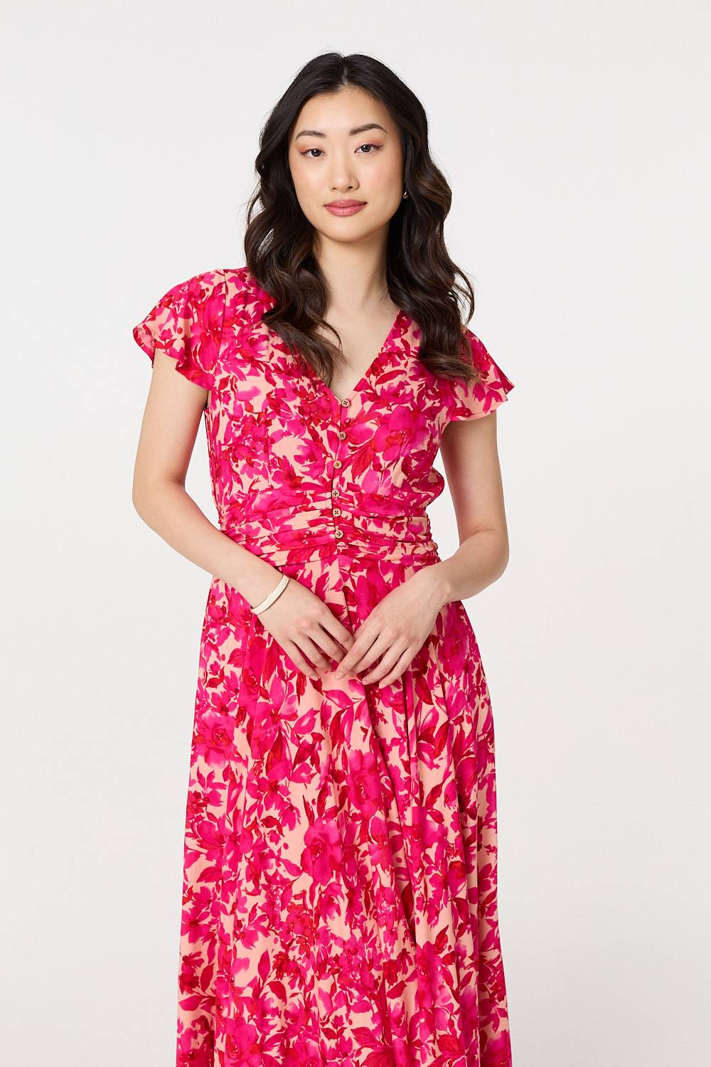 Floral Cap Sleeve Ruched Maxi Dress Full Length View