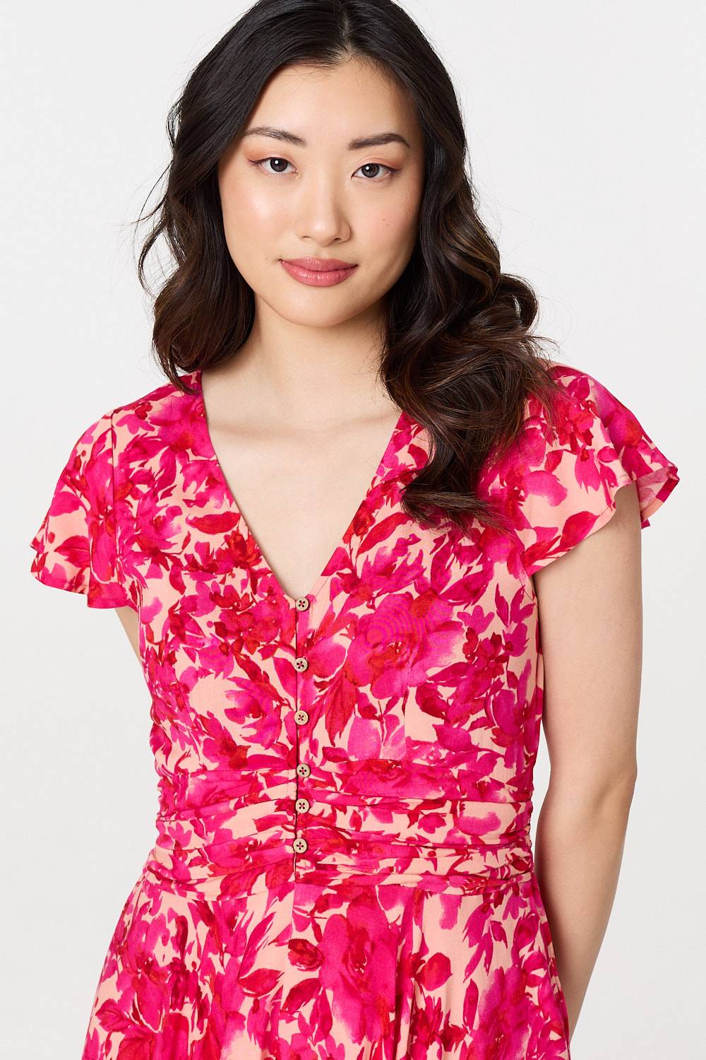 Floral Cap Sleeve Ruched Maxi Dress Back View