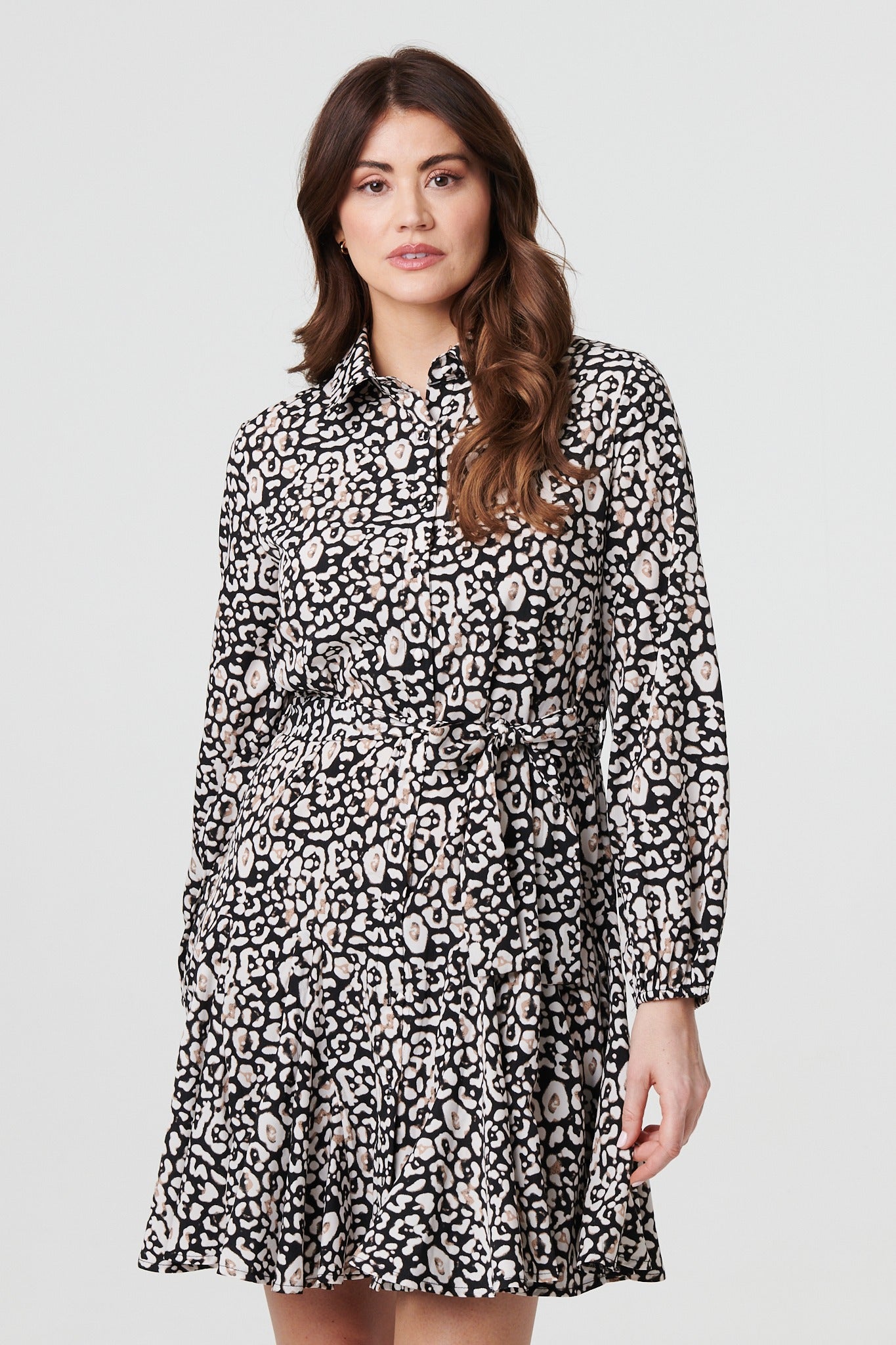 Animal Print Tie Waist Short Shirt Dress Front View