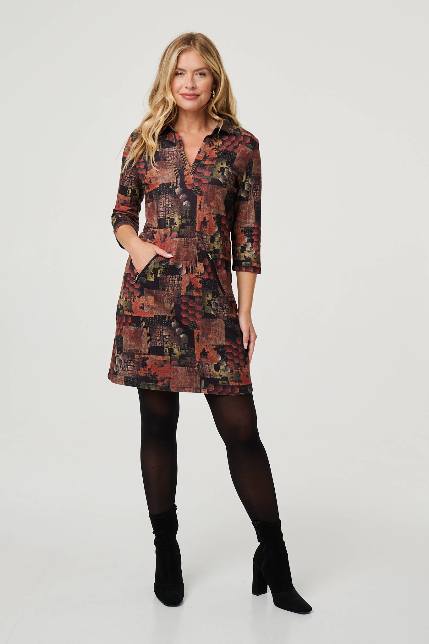 Printed 3/4 Sleeve Collared Short Dress Styled View