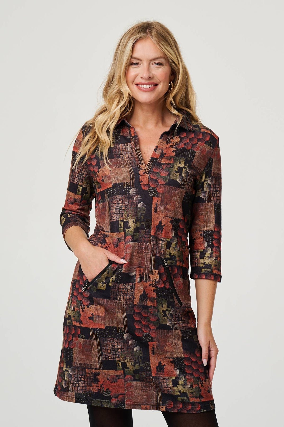 Printed 3/4 Sleeve Collared Short Dress Back View