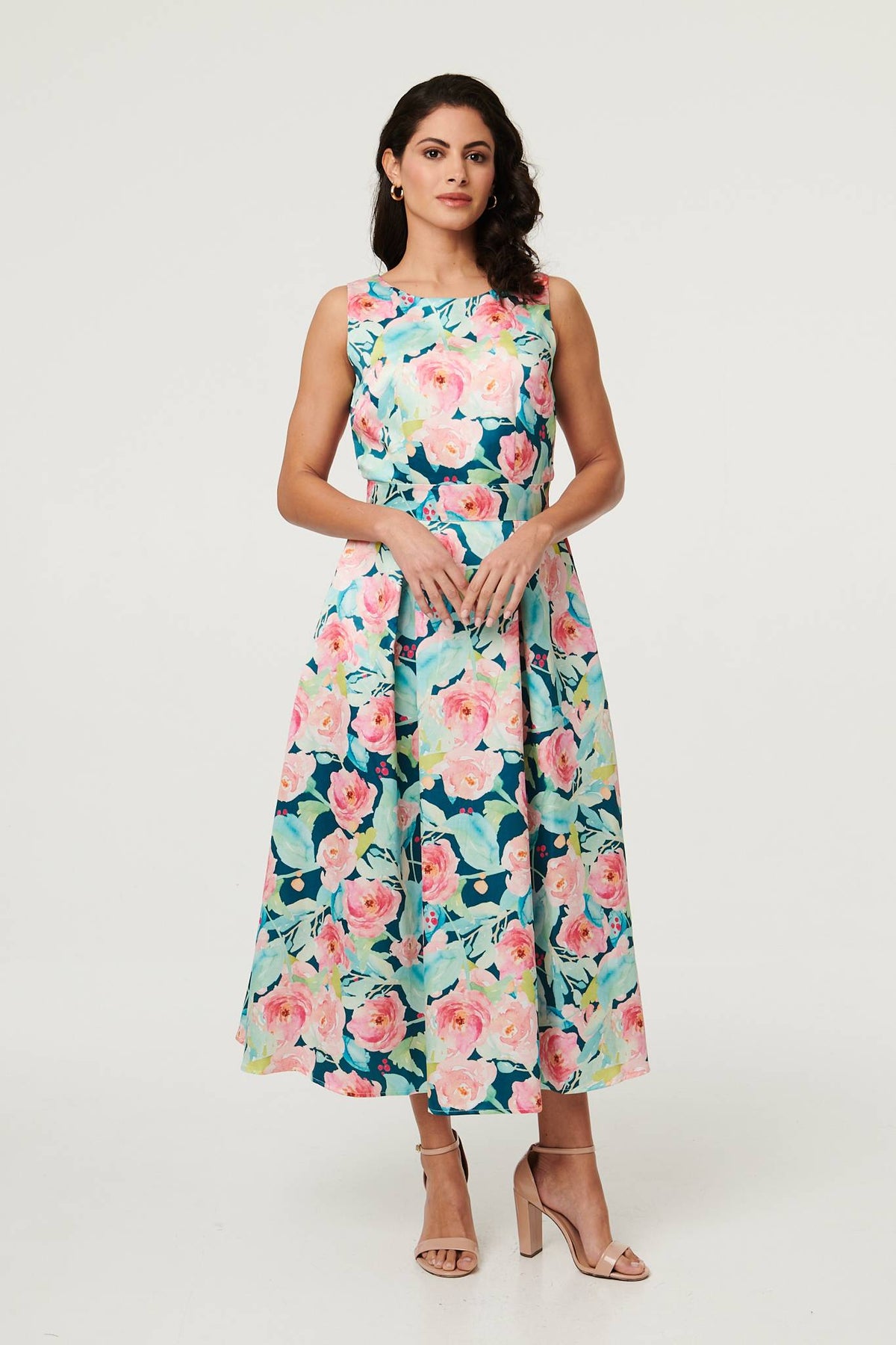 Floral Sleeveless Pleat Front Midi Dress Front View