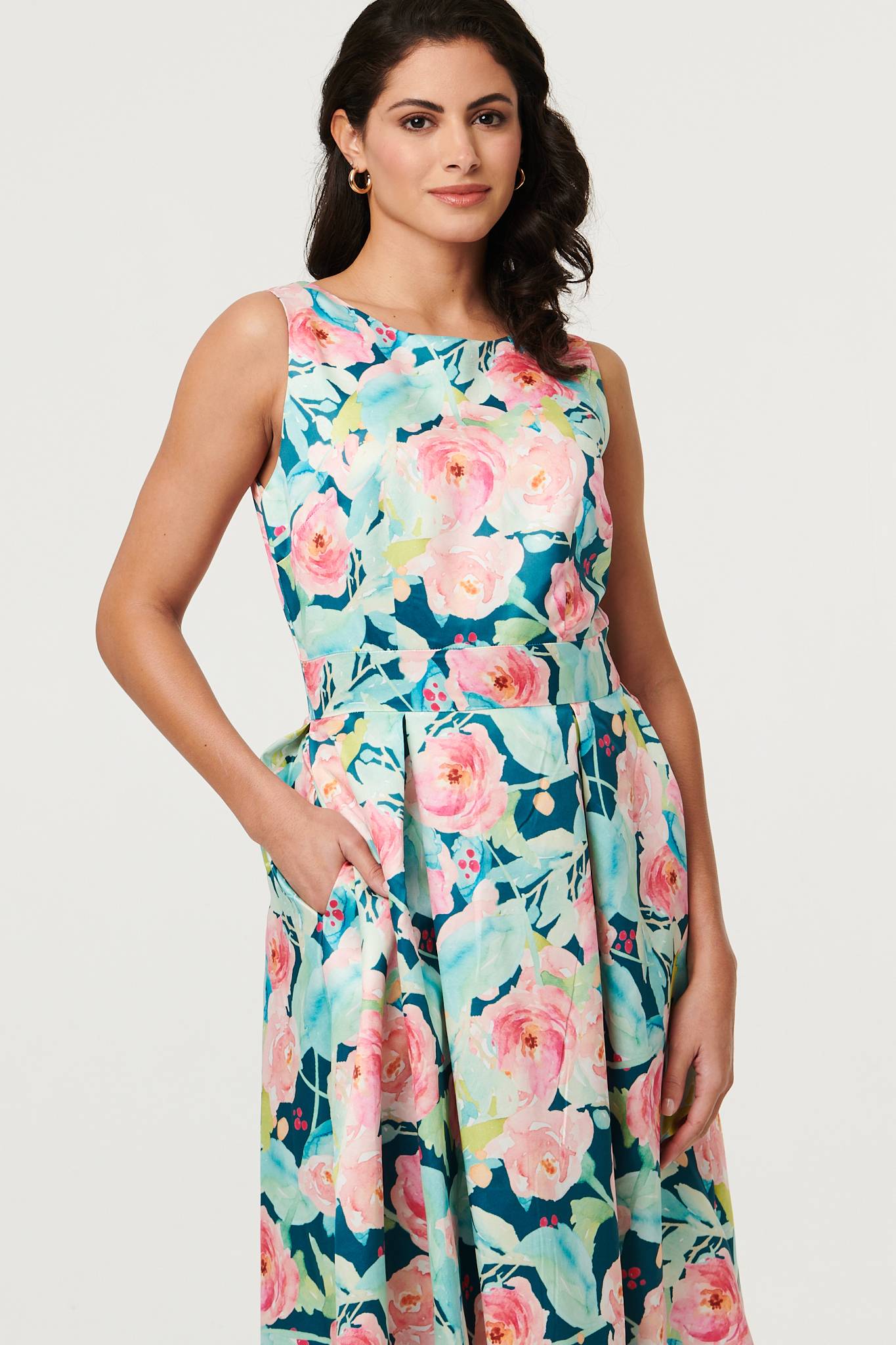 Floral Sleeveless Pleat Front Midi Dress Full Length View
