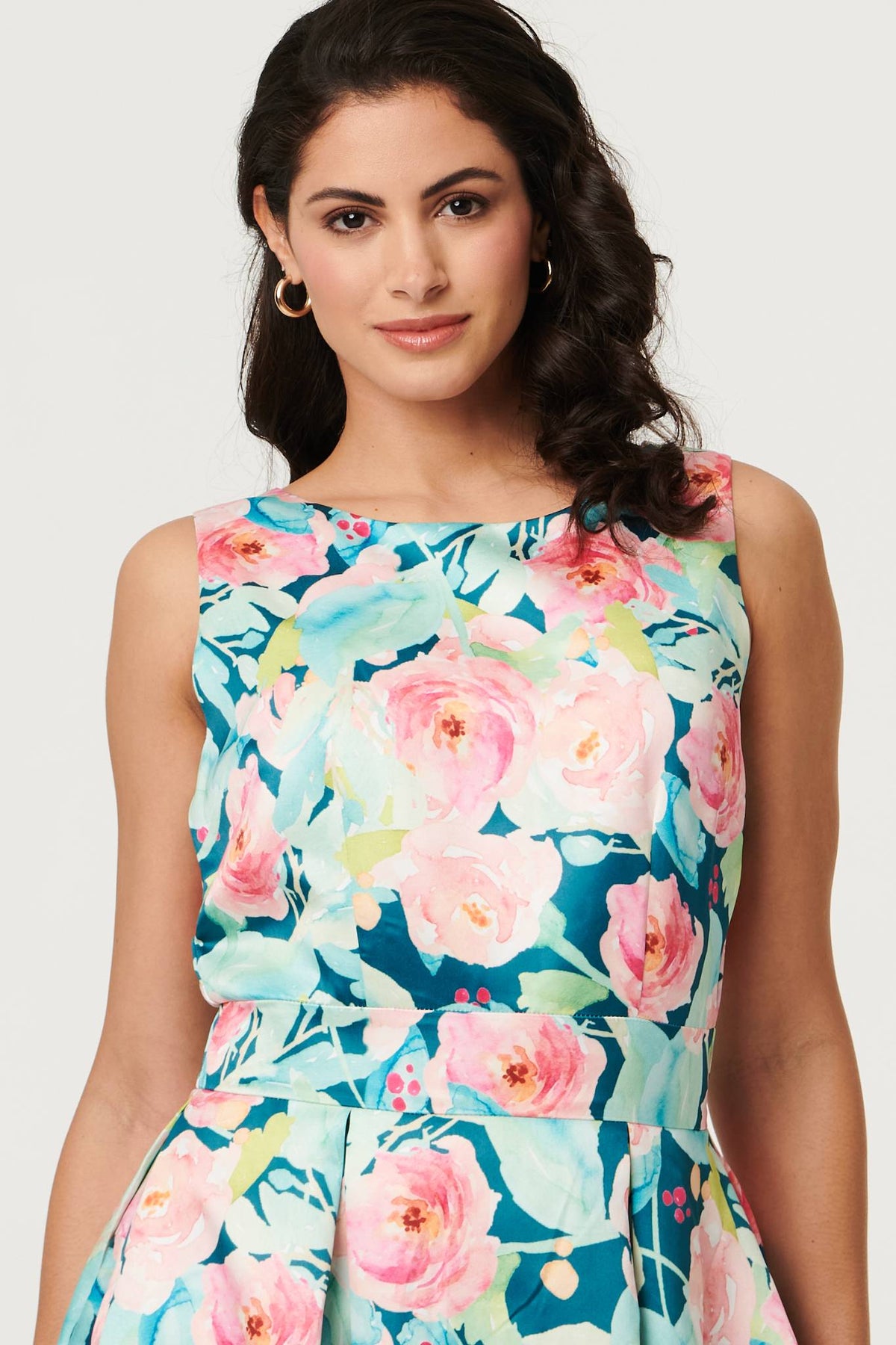 Floral Sleeveless Pleat Front Midi Dress Styled View