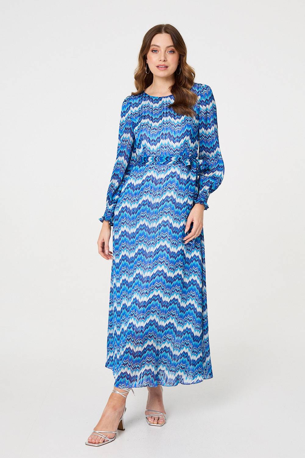 Printed Long Sleeve Tie Waist Dress Front View