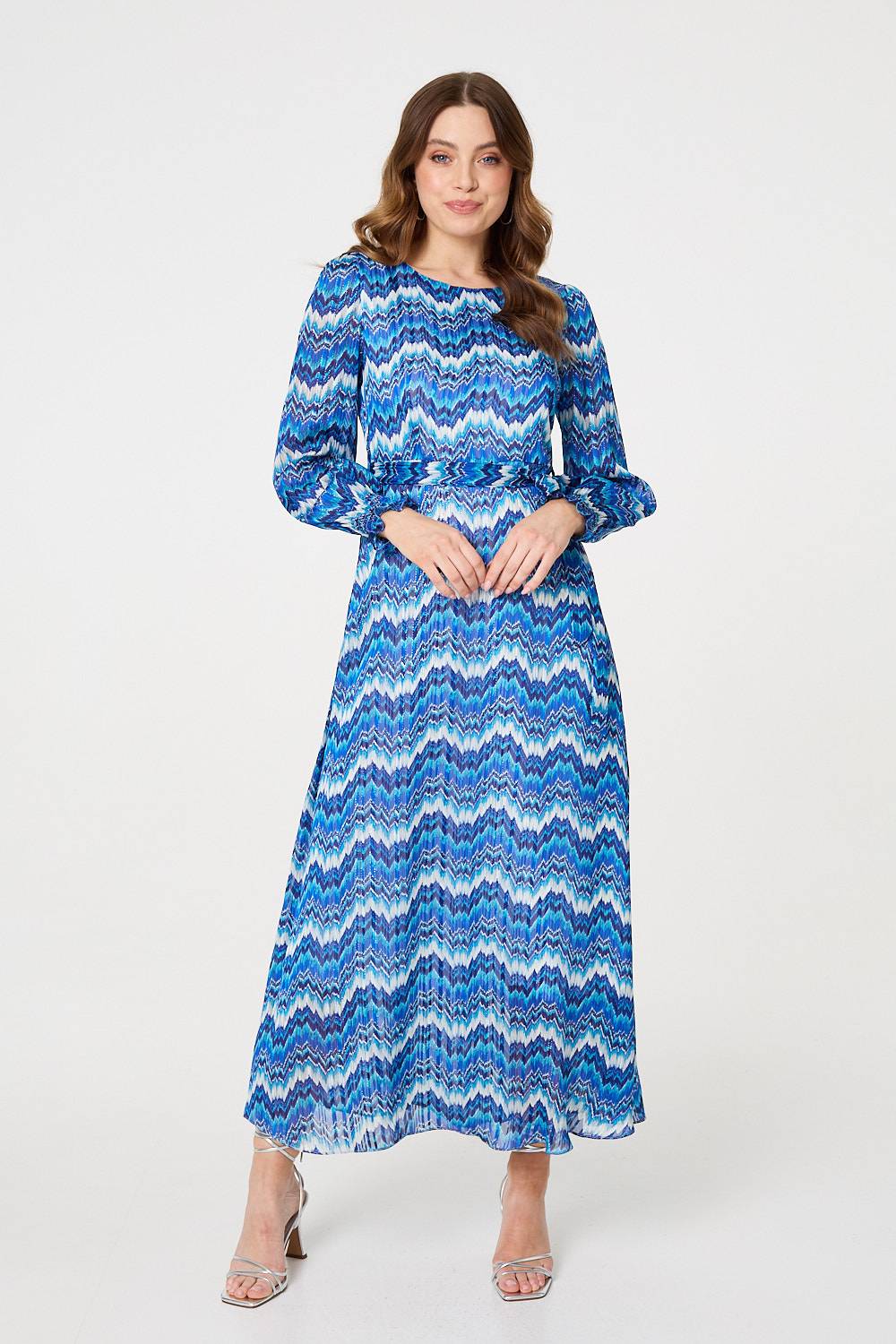 Printed Long Sleeve Tie Waist Dress Full Length View