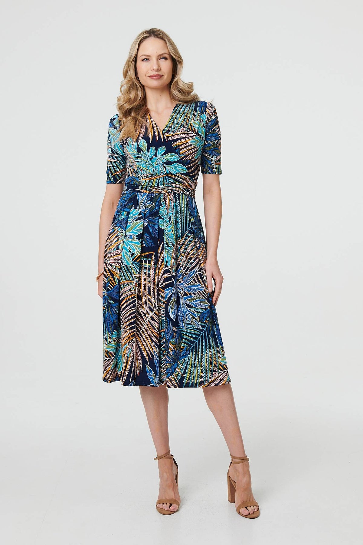 Leaf Print Wrap Front Pleat Midi Dress Full Length View