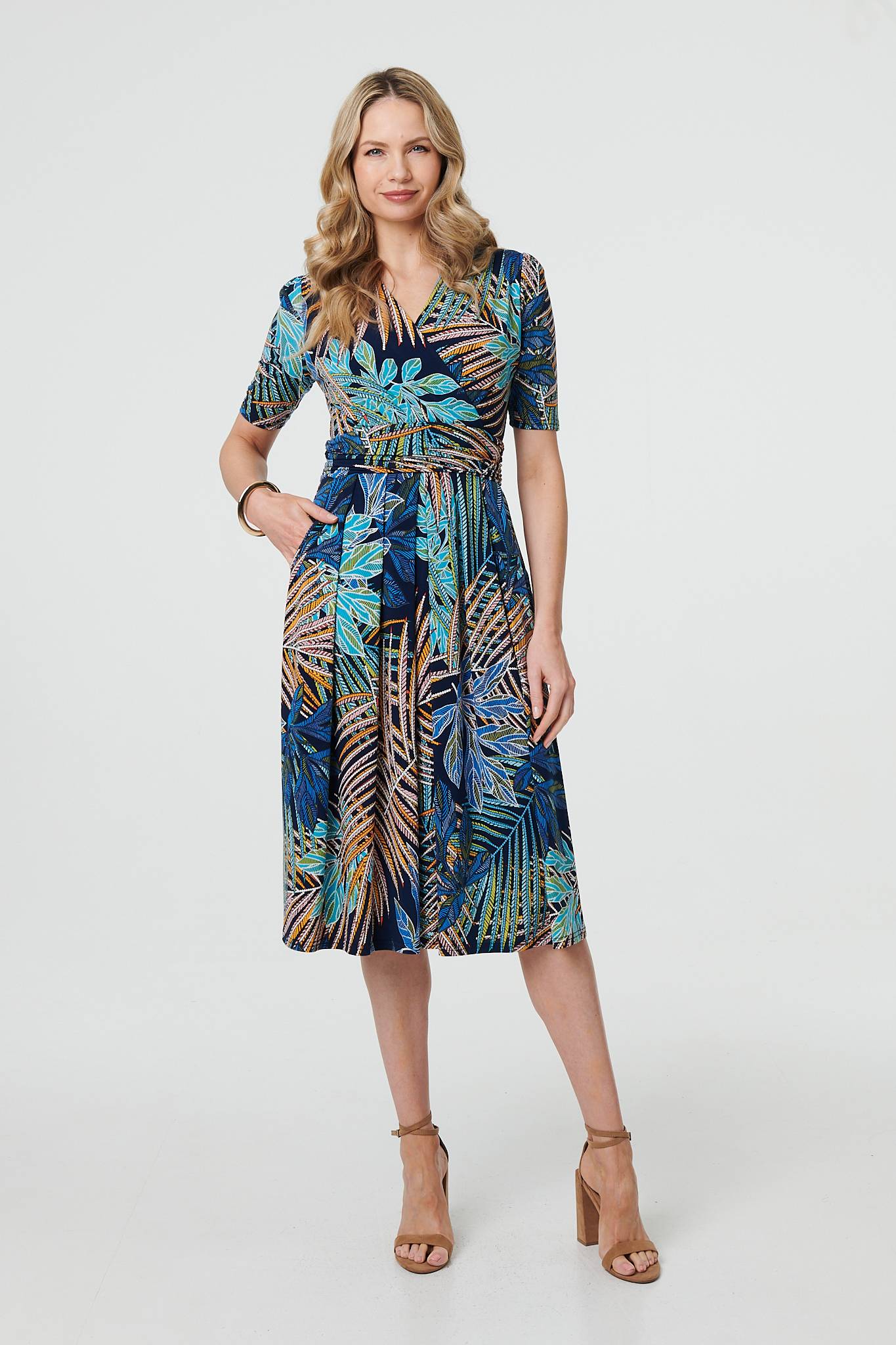 Leaf Print Wrap Front Pleat Midi Dress Front View
