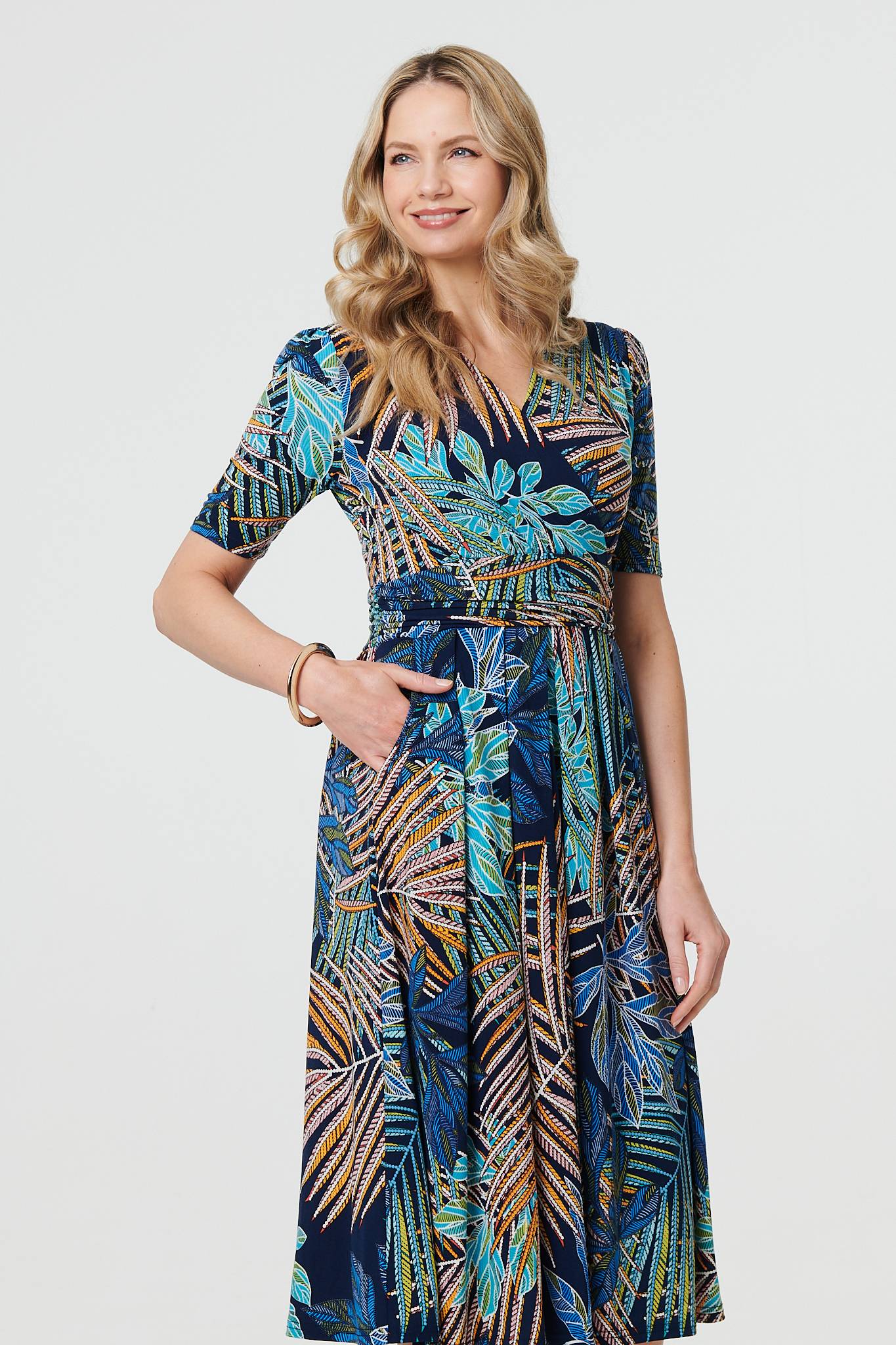 Leaf Print Wrap Front Pleat Midi Dress Back View